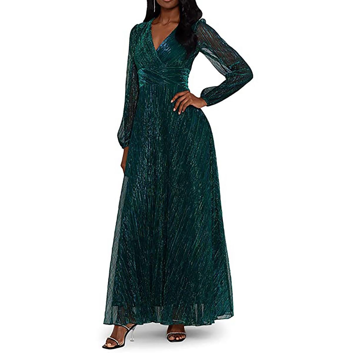 Betsy Adam Womens V Neck Long Sleeve Metallic Shimmer Maxi Dress Jade