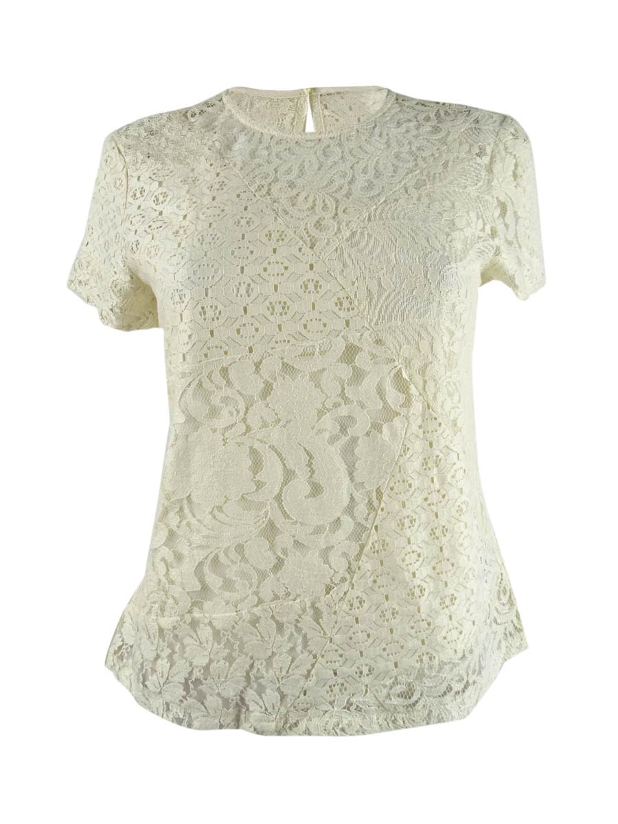 Lauren Ralph Lauren Womens Patchwork Lace Short Sleeve Blouse White Cream