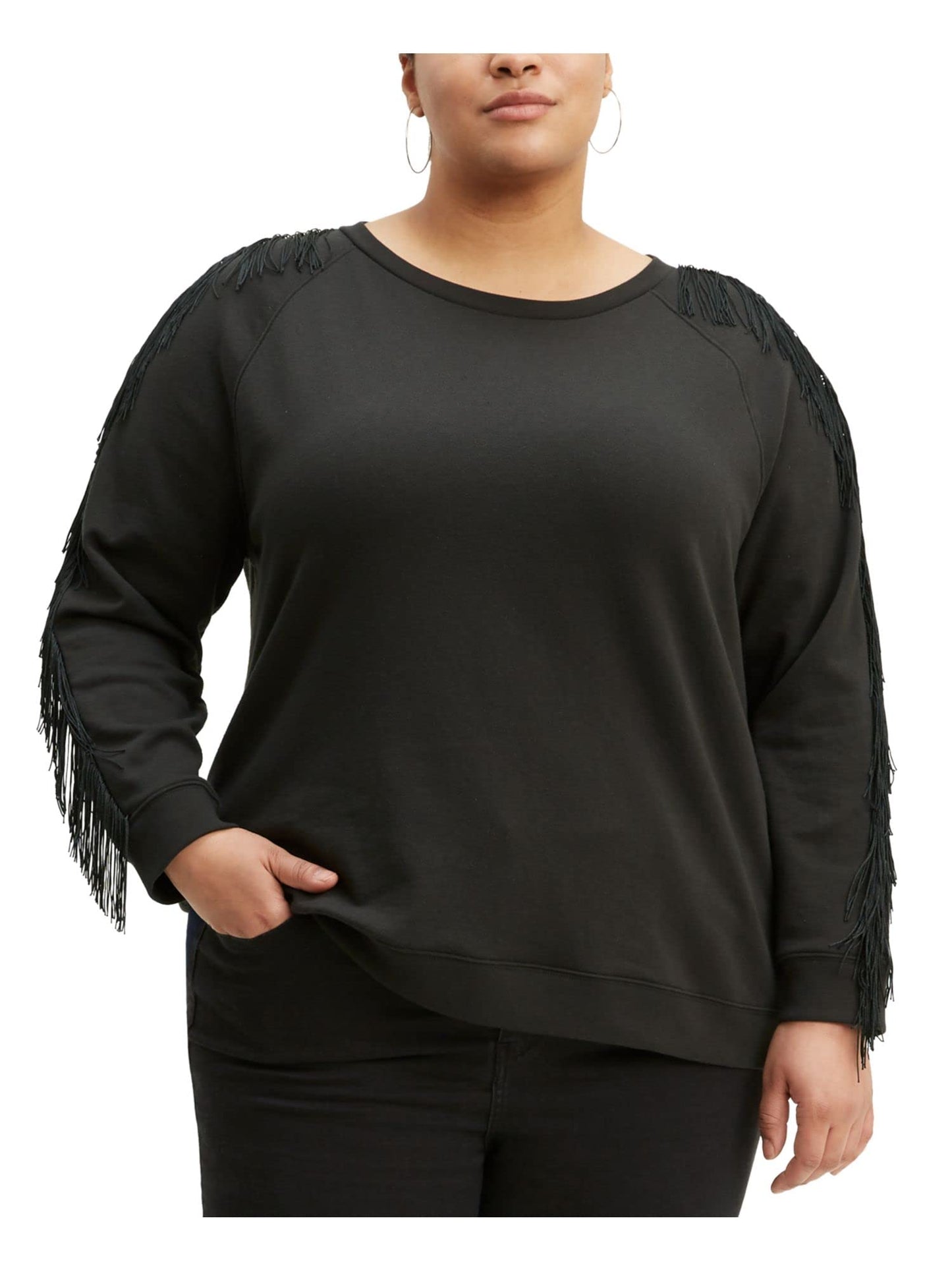 Levi's Womens Black Fringed Shoulders Long Sleeve Crew Neck Top Plus 3X