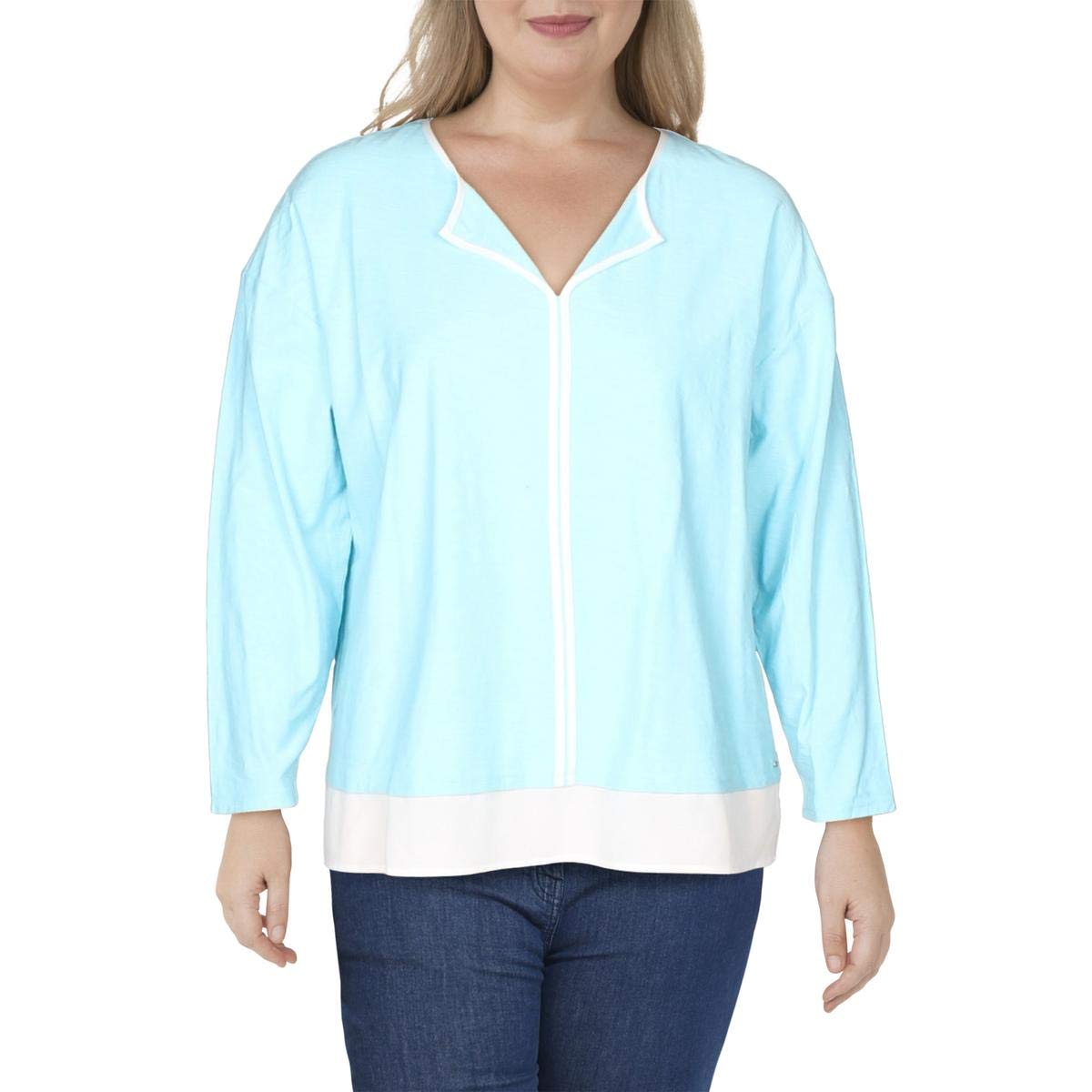 Tommy Hilfiger Womens Plus Knit Contrast Trim Top Blue 0X