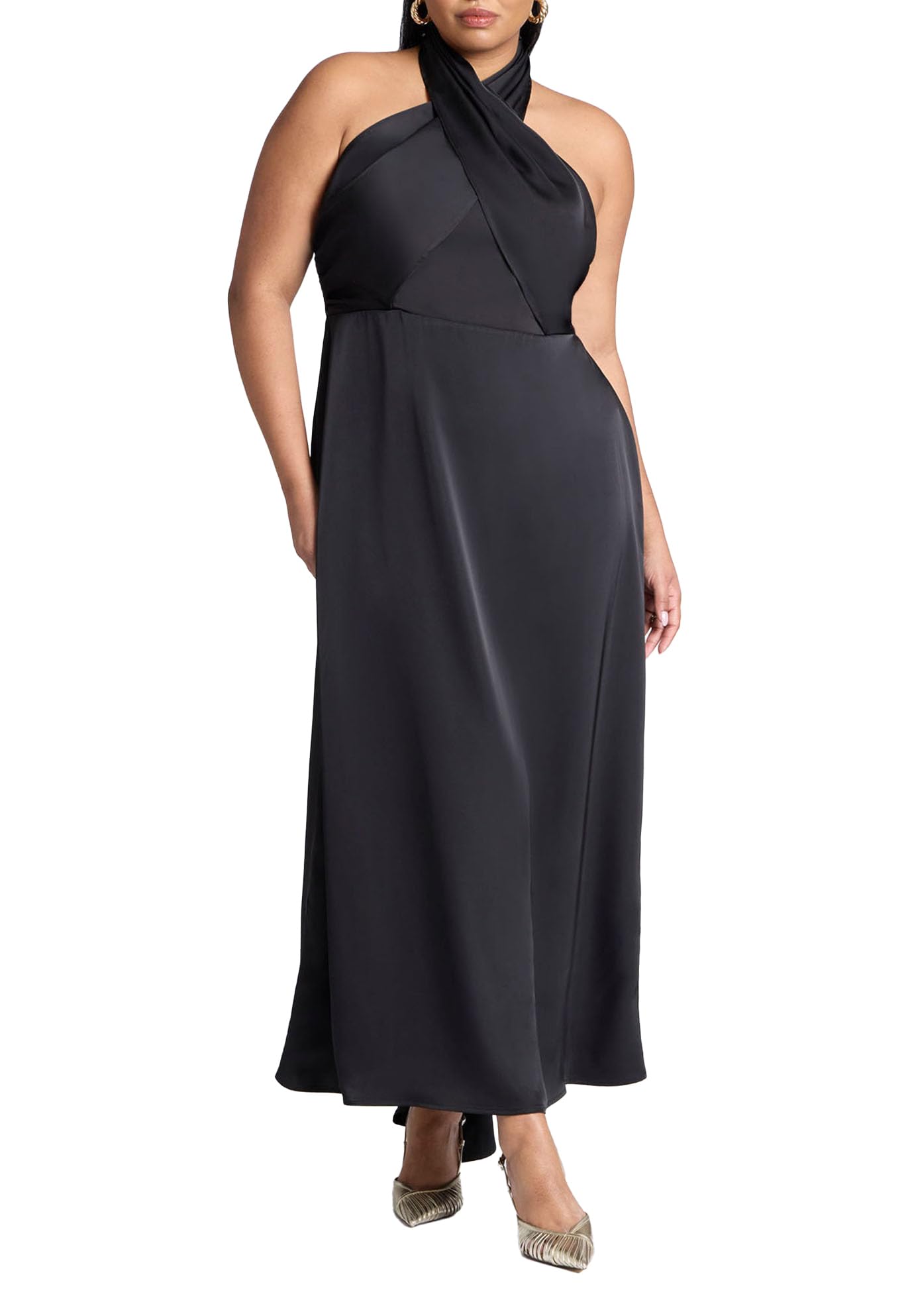ELOQUII Women's Plus Size Halter Neck Satin Maxi Dress - 20, Black Onyx