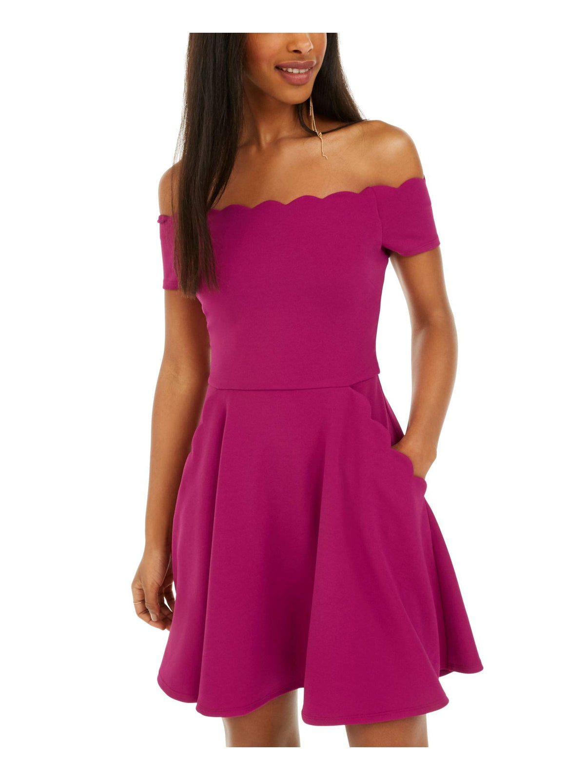 B. Darlin Womens Juniors Scalloped Off-The-Shoulder Mini Dress Purple 1/2
