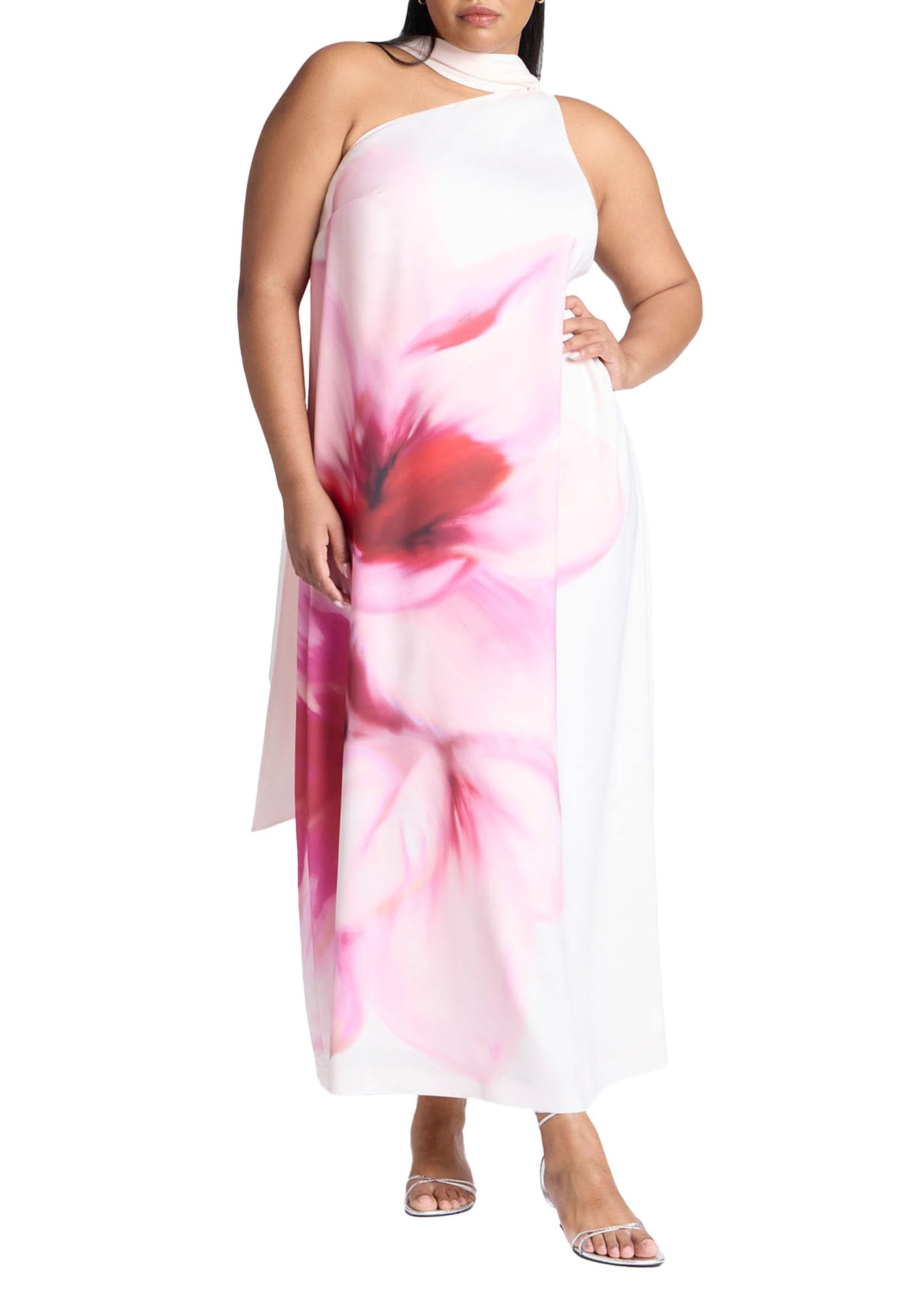 ELOQUII Women's Plus Size One Shoulder Floral Cape Dress