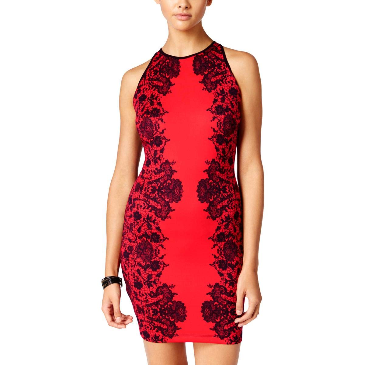 B. Darlin Womens Juniors Printed High Neck Bodycon Dress Red 13/14