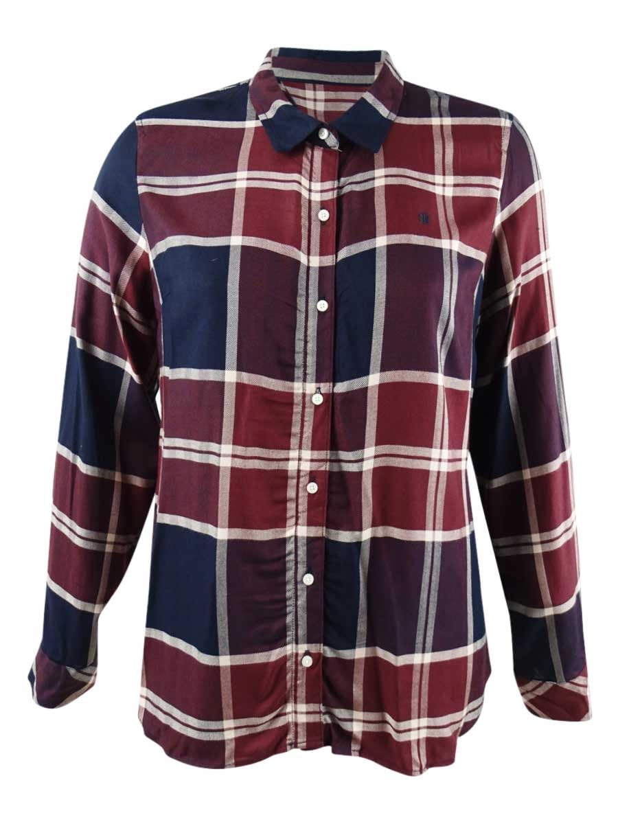 Tommy Hilfiger Women's Windowpane Plaid Roll-Tab Shirt (XS, Wine Multi)