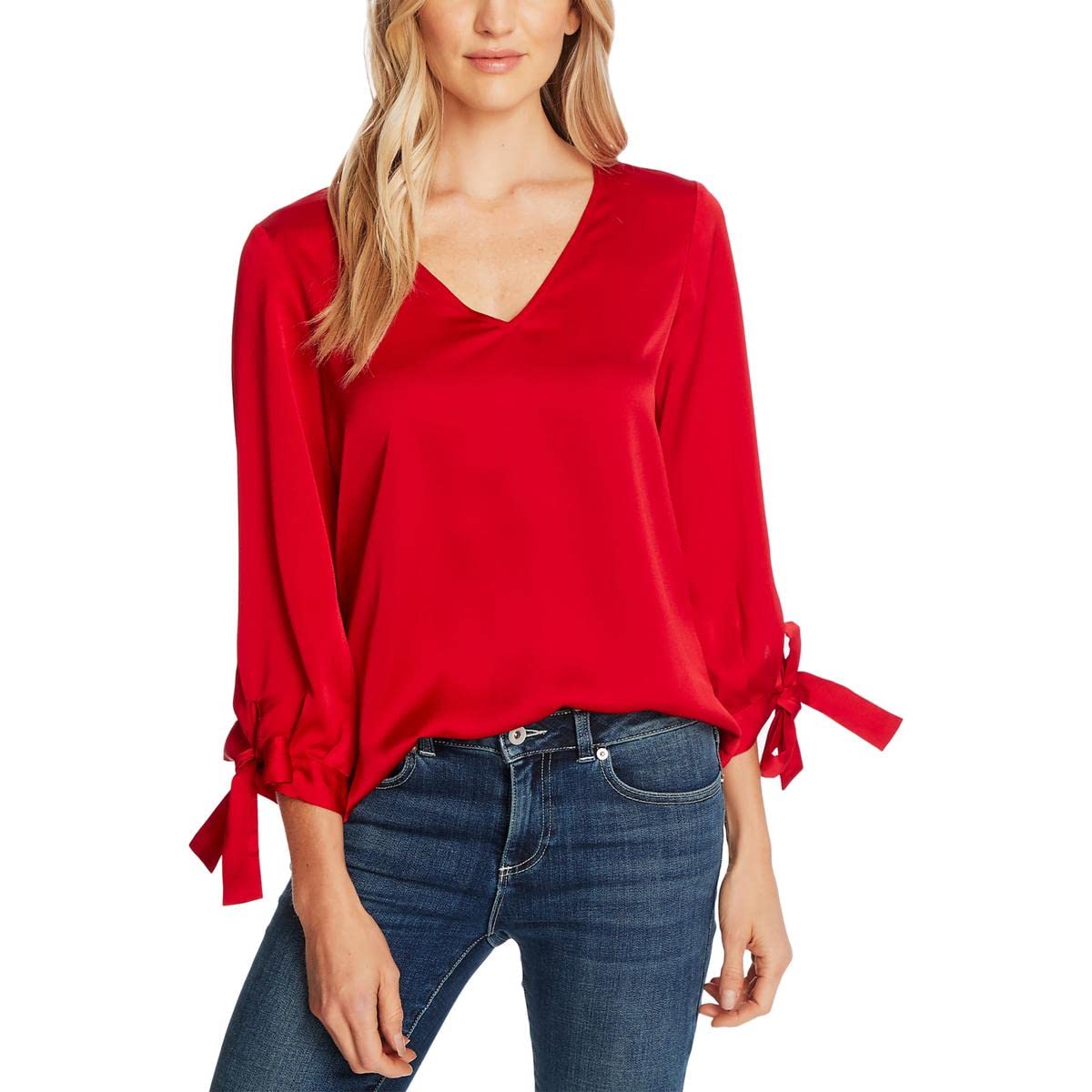 CeCe 3/4 Sleeve V-Neck Satin Blouse with Ties Luminous Red MD