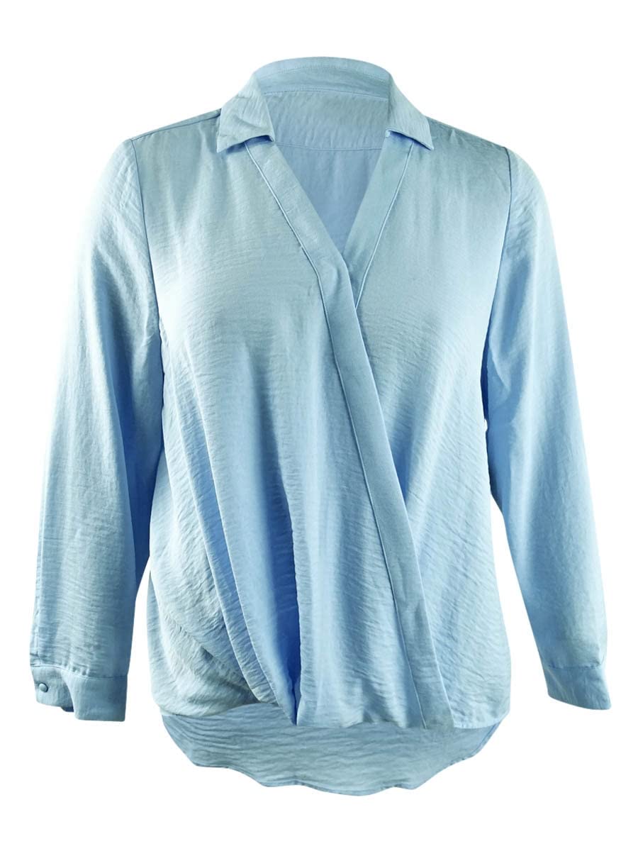 Vince Camuto Women's Long Sleeve Wrap Front Blouse, Blue Bird, L