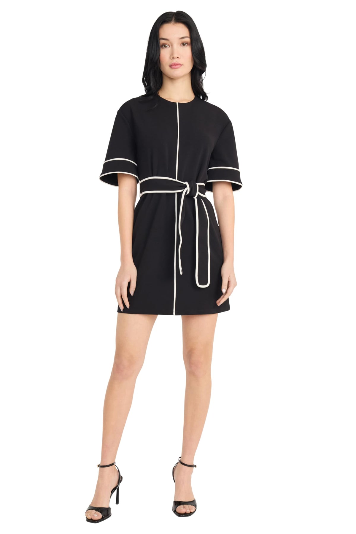 Donna Morgan Womens Black Scuba Crepe Mini Dress with Contrast Piping Tie Waist and Kimono Sleeves