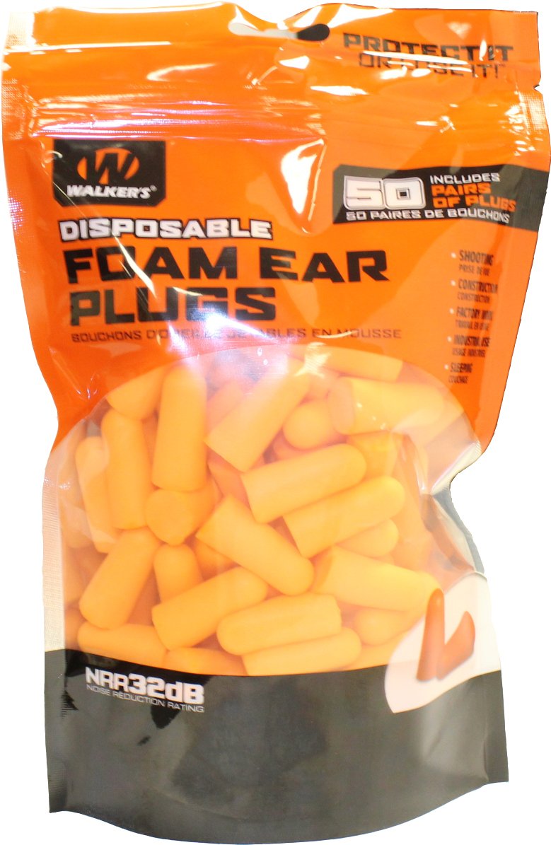 Walkers 33dB NRR Foam Hearing Protection Earplugs Orange 50 Pair Bag
