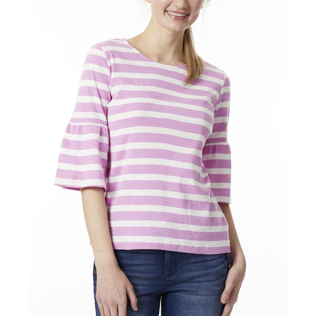 Jones New York Women's Stripe Cotton Crew Neck Elbow Bell SLV, Petal Pink/White, L