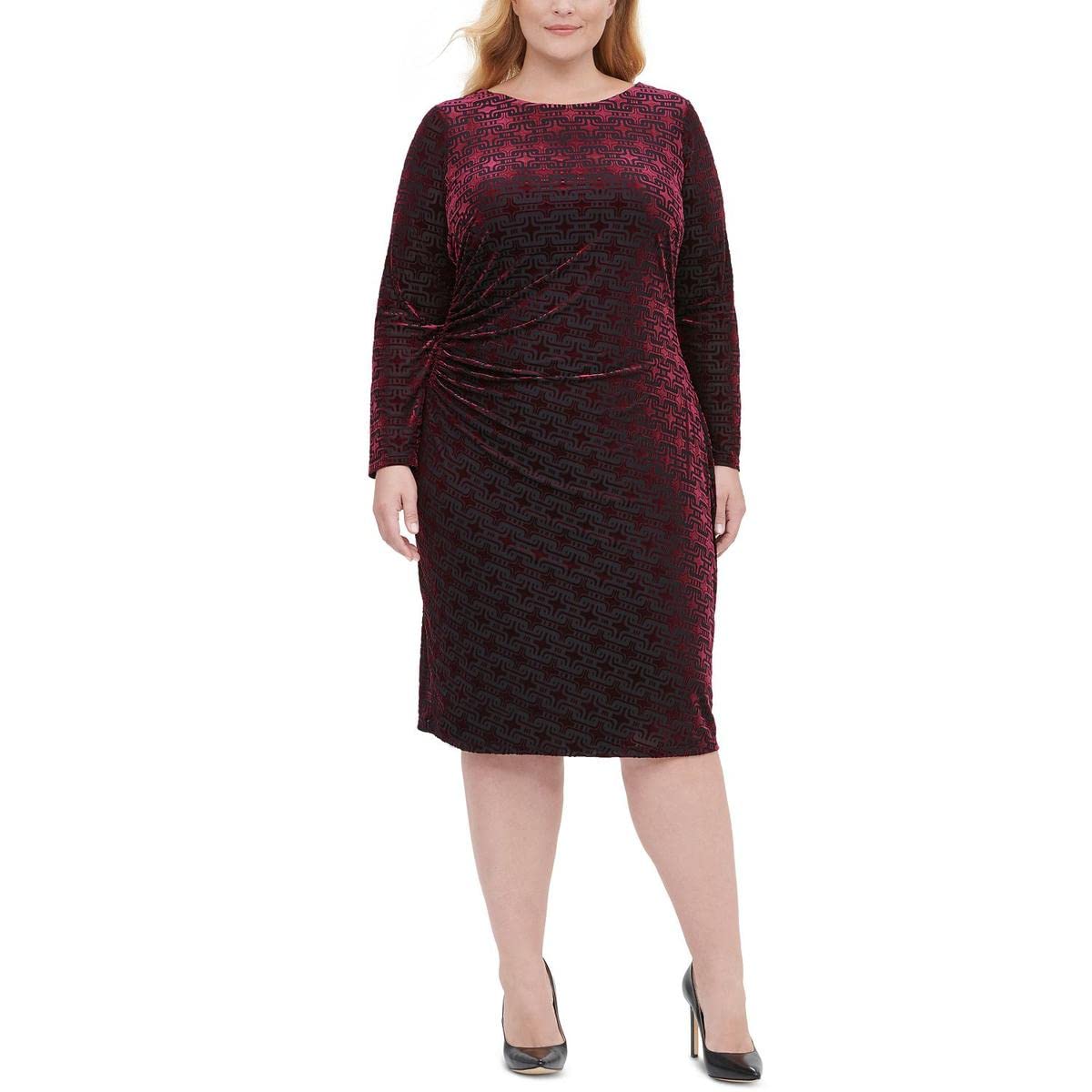 Tommy Hilfiger Womens Plus Burnout Long Sleeves Sheath Dress Black 14W