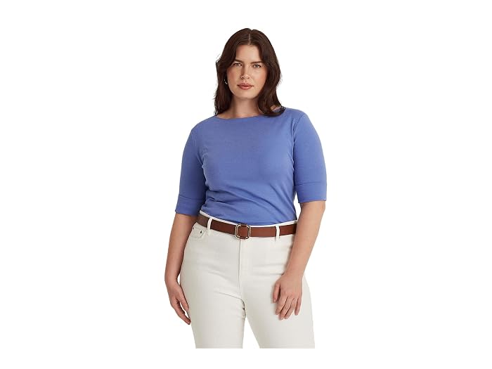 Ralph Lauren Womens Blue Cuffed Sleeve Boat Neck Wear To Work Top Plus 1X - All