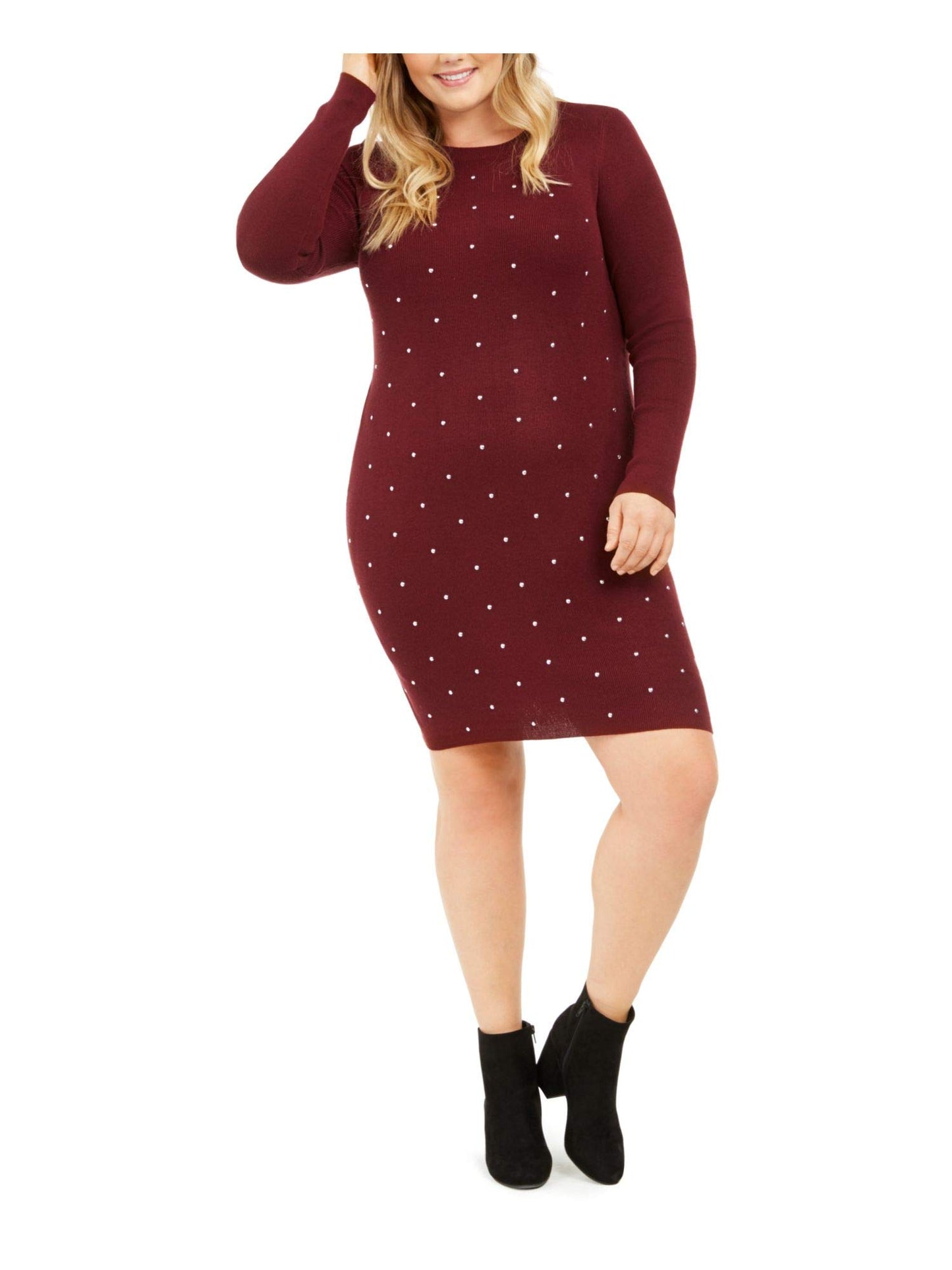 Planet Gold Womens Plus Studded Ribbed Sweaterdress Red 1X