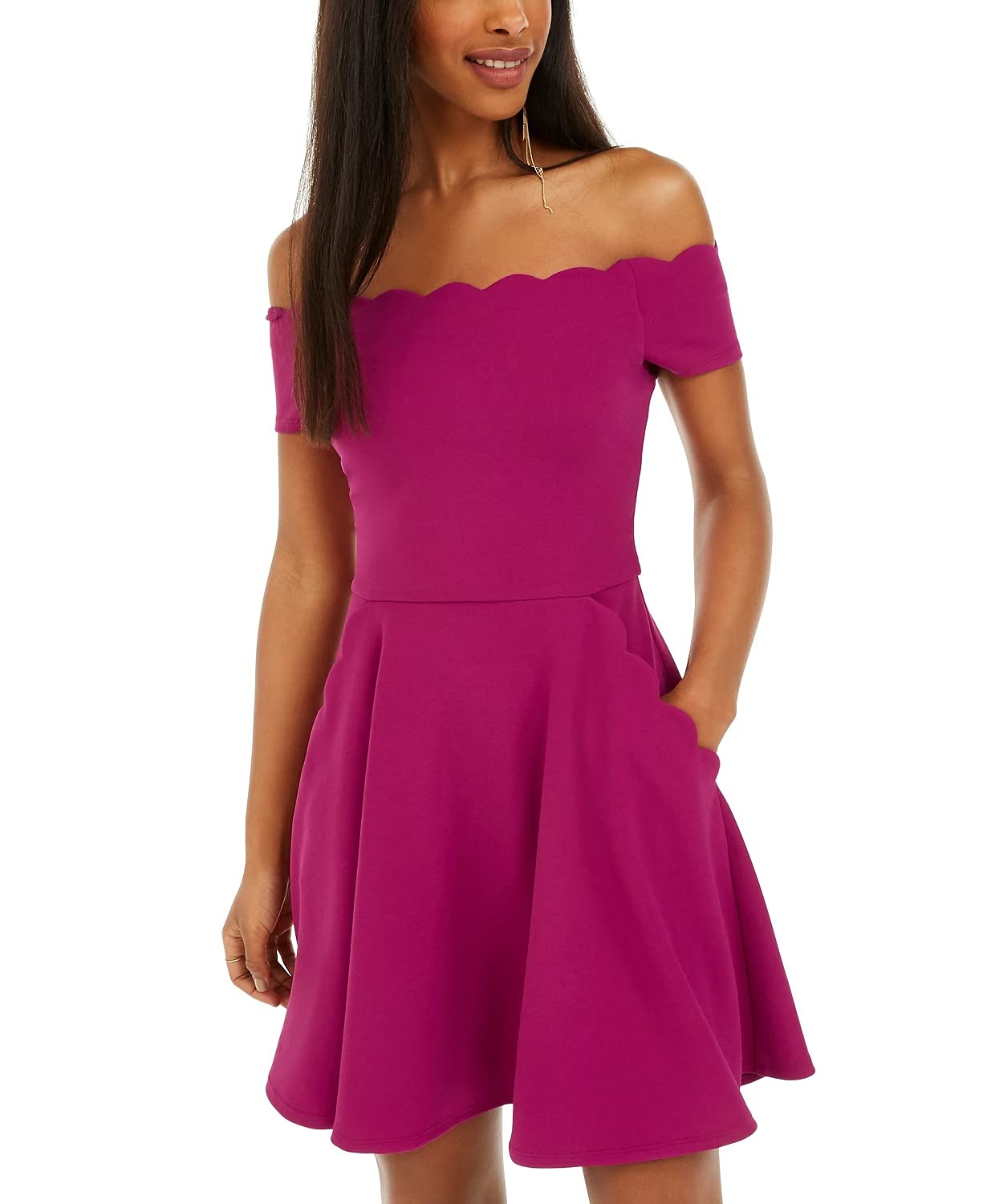 B. Darlin Womens Juniors Scalloped Off-The-Shoulder Mini Dress Purple 11/12