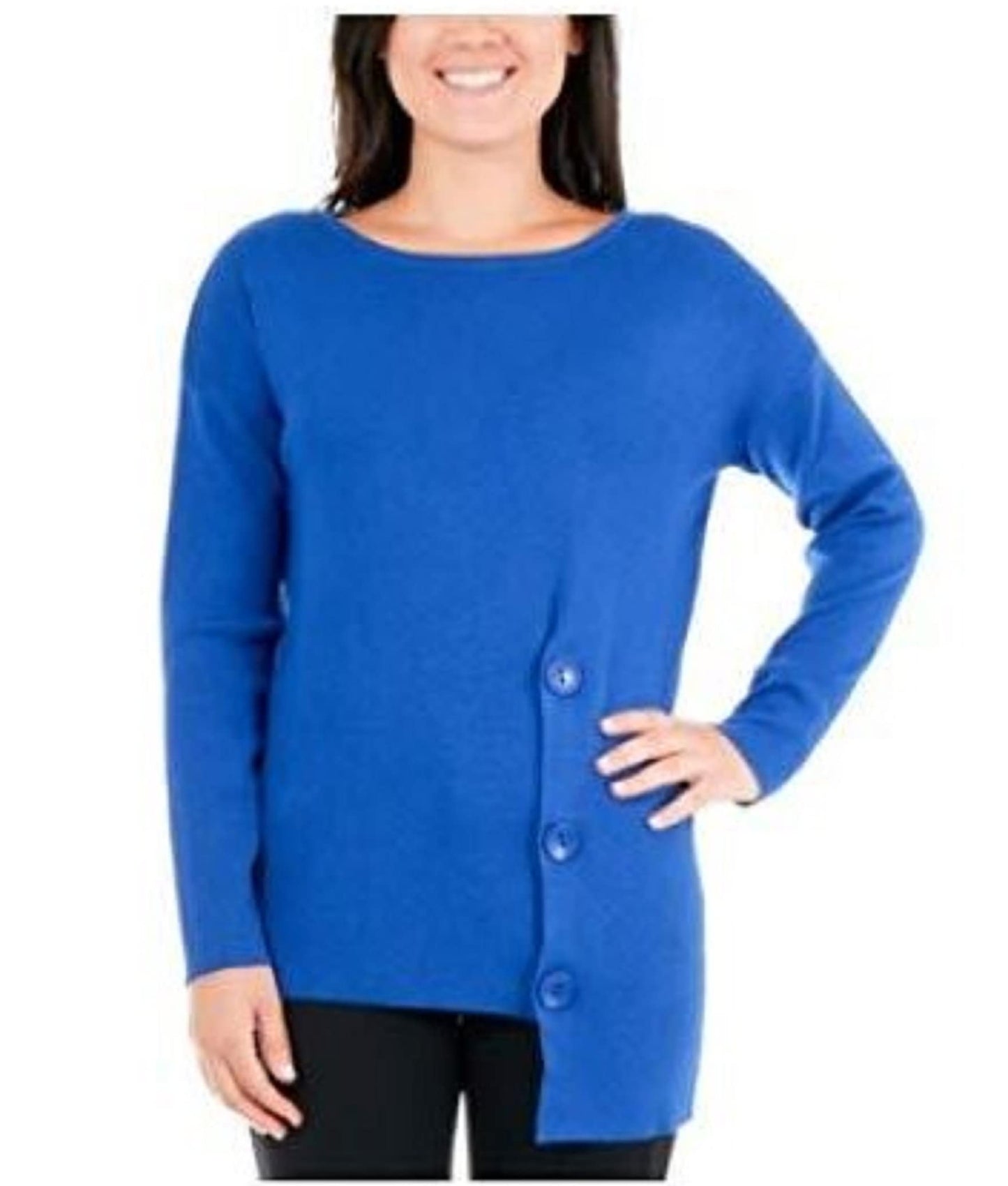 NY Women's Collection Petite Asymmetrical Button-Hem Sweater Med Blue Size Petite Small
