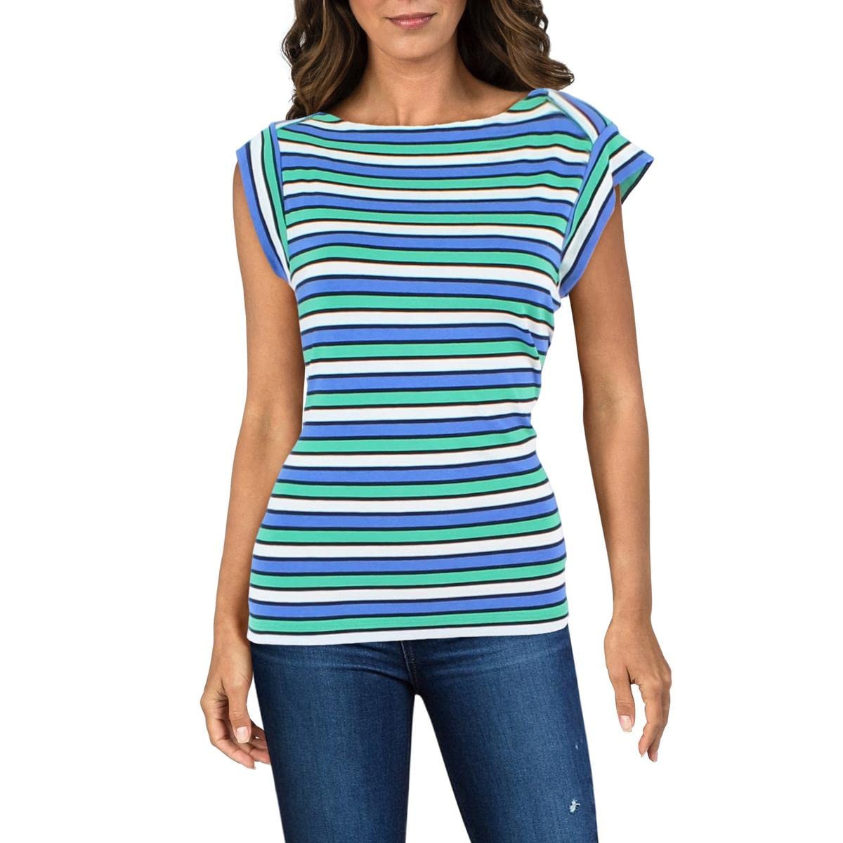 Anne Klein Womens Cap Sleeve Striped Pullover Top Blue M