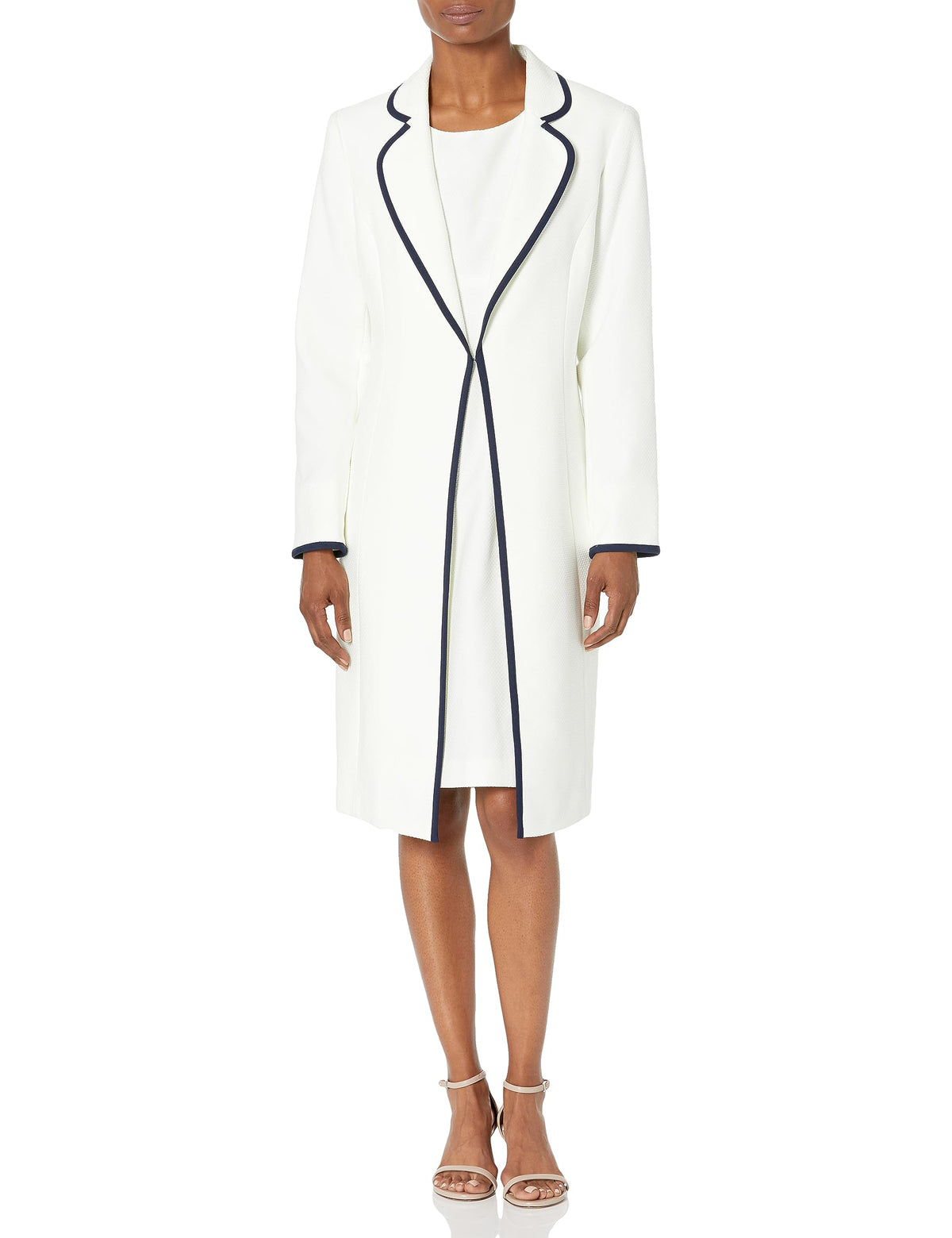 Le Suit Jacquard Framed Long Jacket Sheath Dress Suit White Indigo