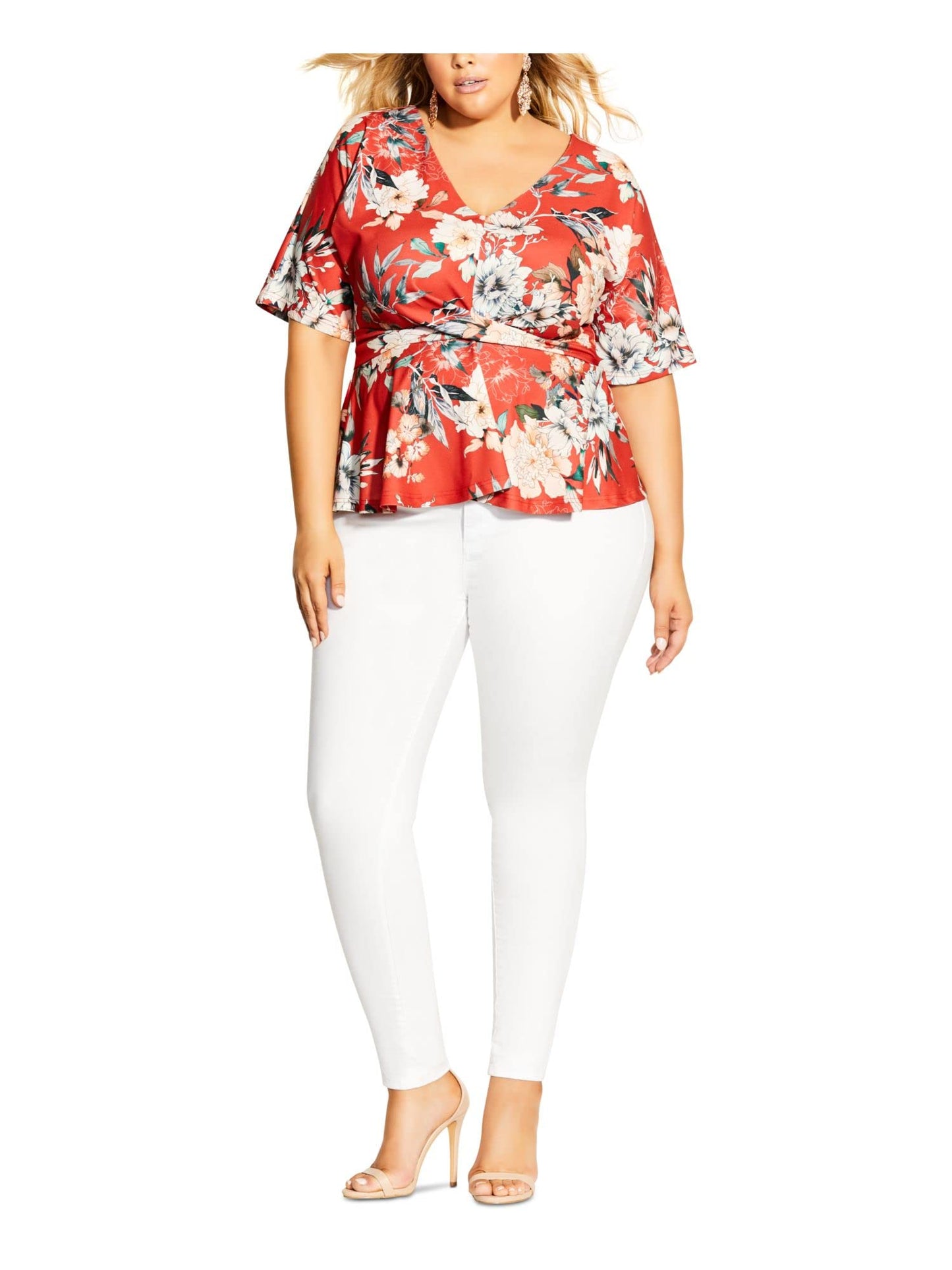 City Chic Womens Plus Twist Front Floral Print Blouse Red 24