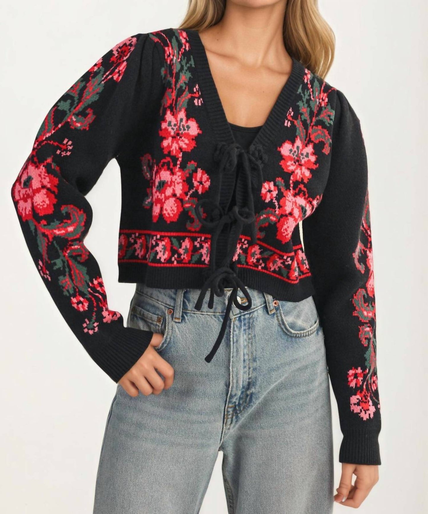 &Merci - Floral Knit Tie Front Cardigan