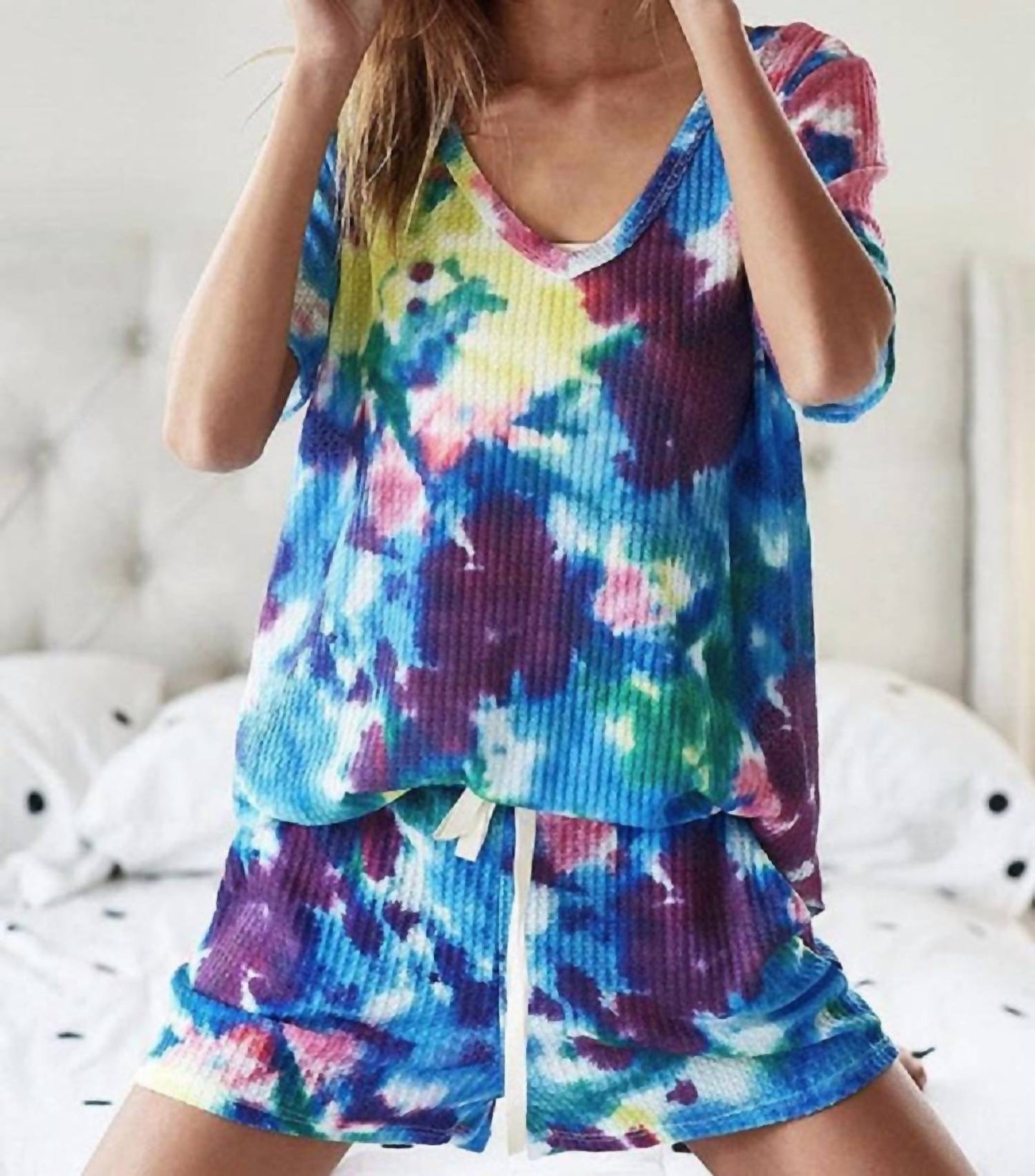 Bibi - Waffle Tie Dye V-neck Top