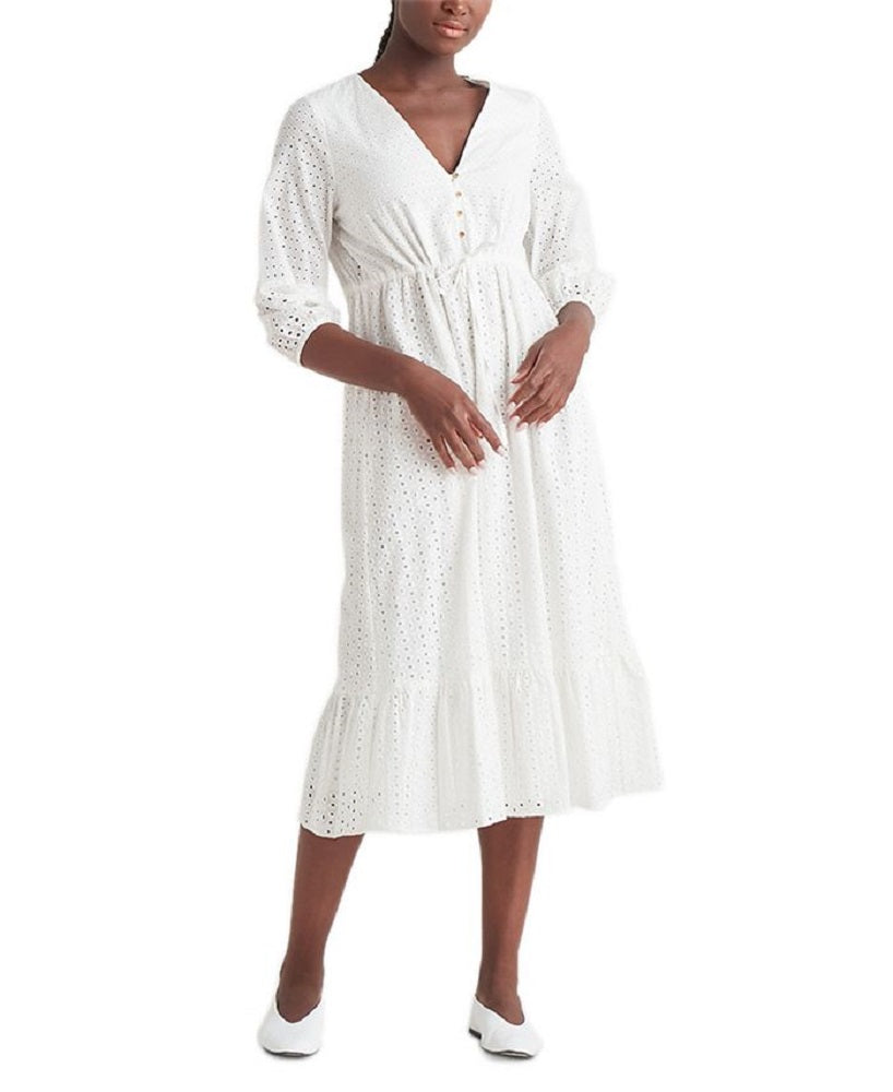 Black Tape Women's Buttoned Eyelet Midi Dress White Size Medium