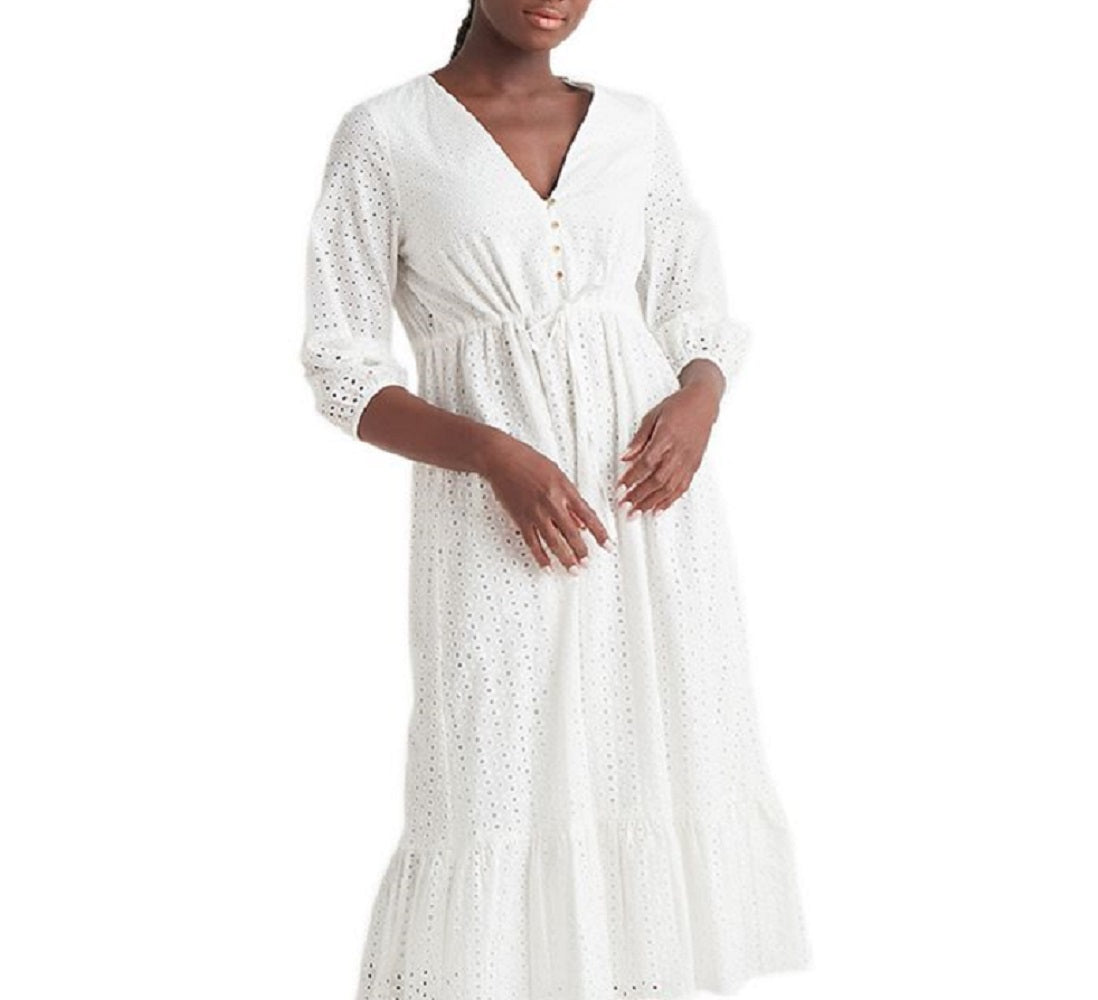 Black Tape Women's Buttoned Eyelet Midi Dress White Size Medium