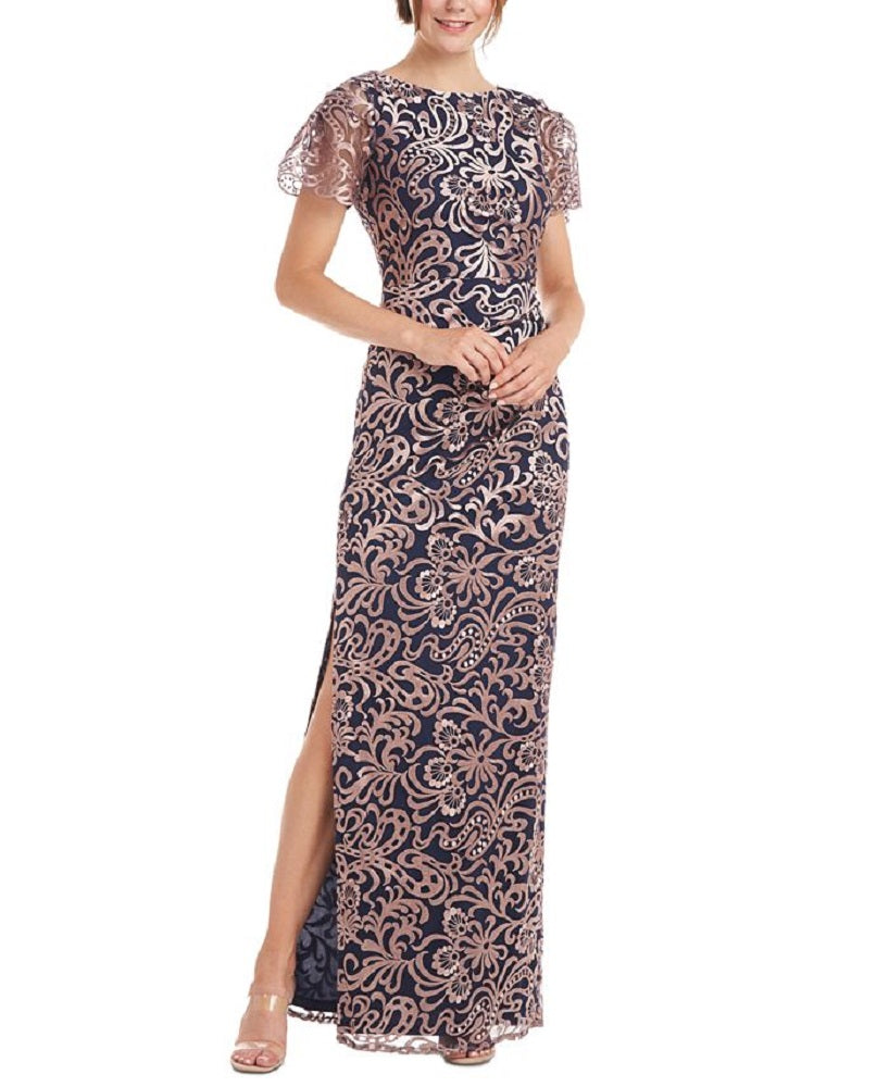 JS Collections Women's Flutter Sleeve Embroidered Gown Pink Size 6