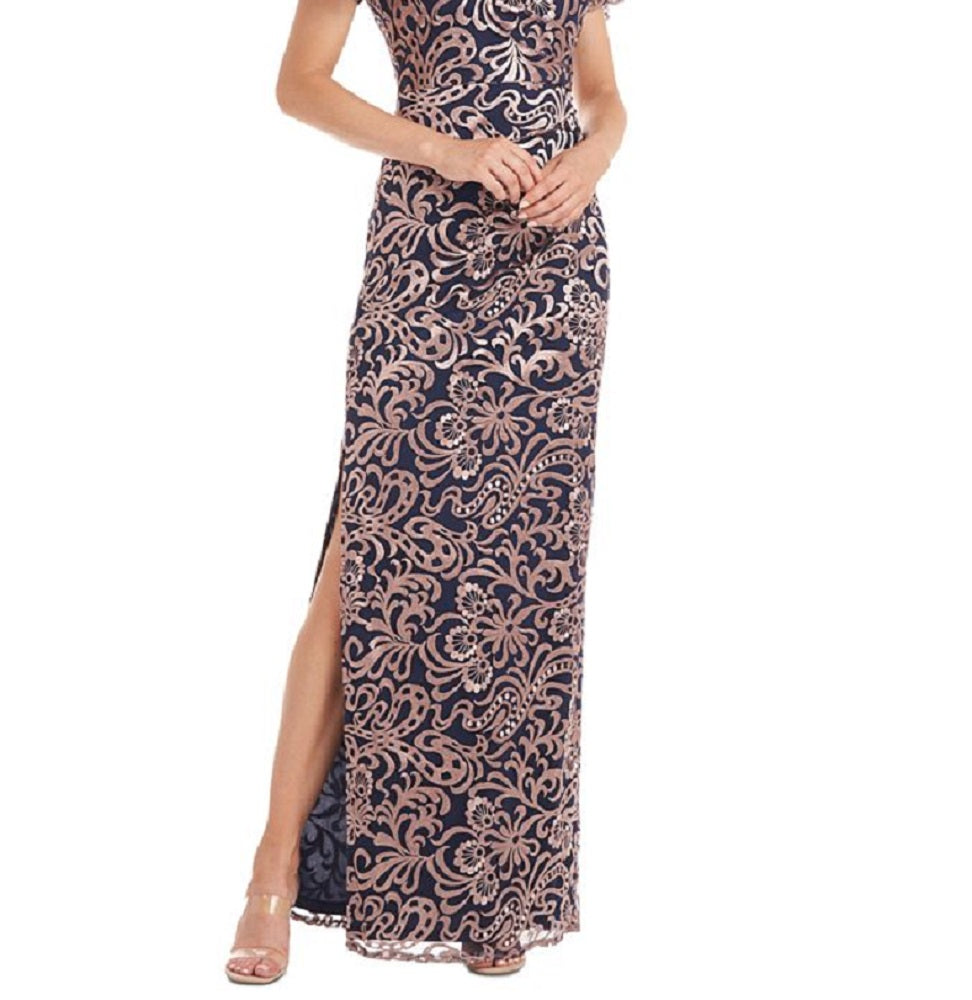 JS Collections Women's Flutter Sleeve Embroidered Gown Pink Size 6