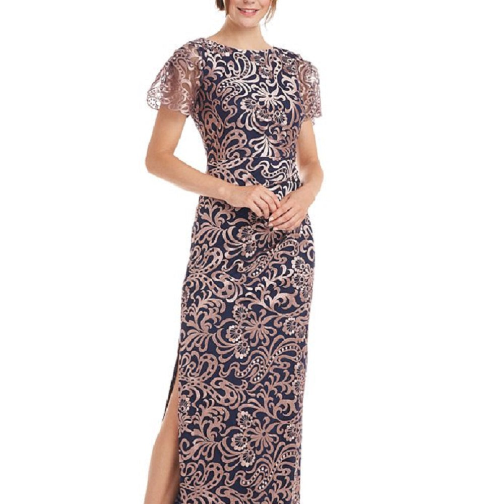 JS Collections Women's Flutter Sleeve Embroidered Gown Pink Size 10