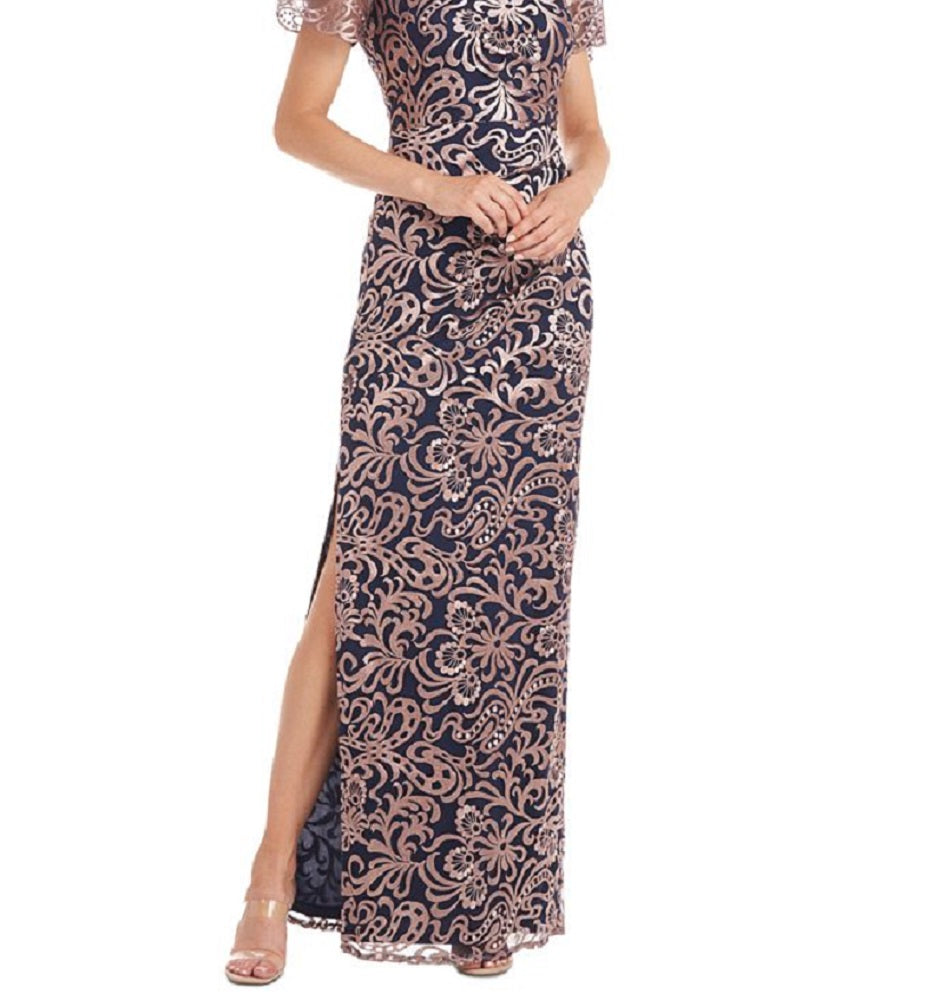 JS Collections Women's Flutter Sleeve Embroidered Gown Pink Size 10
