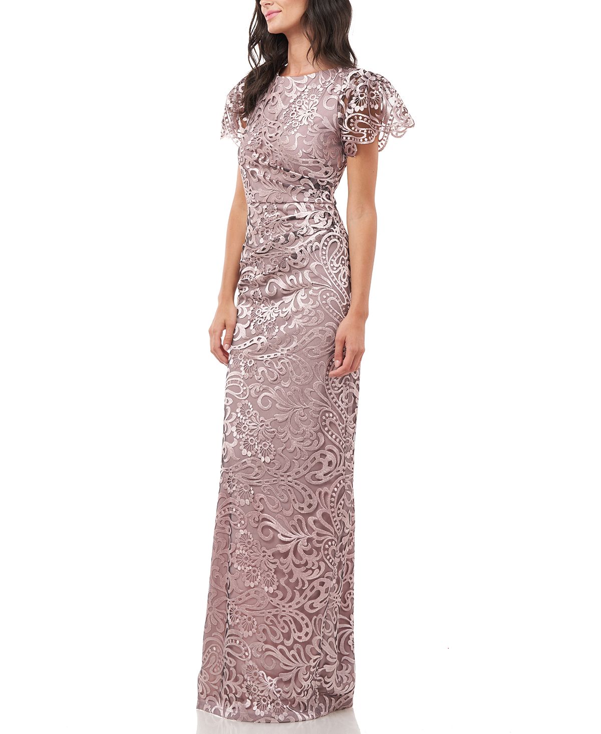 JS Collections Women's Flutter Sleeve Embroidered Gown Pink Size 16