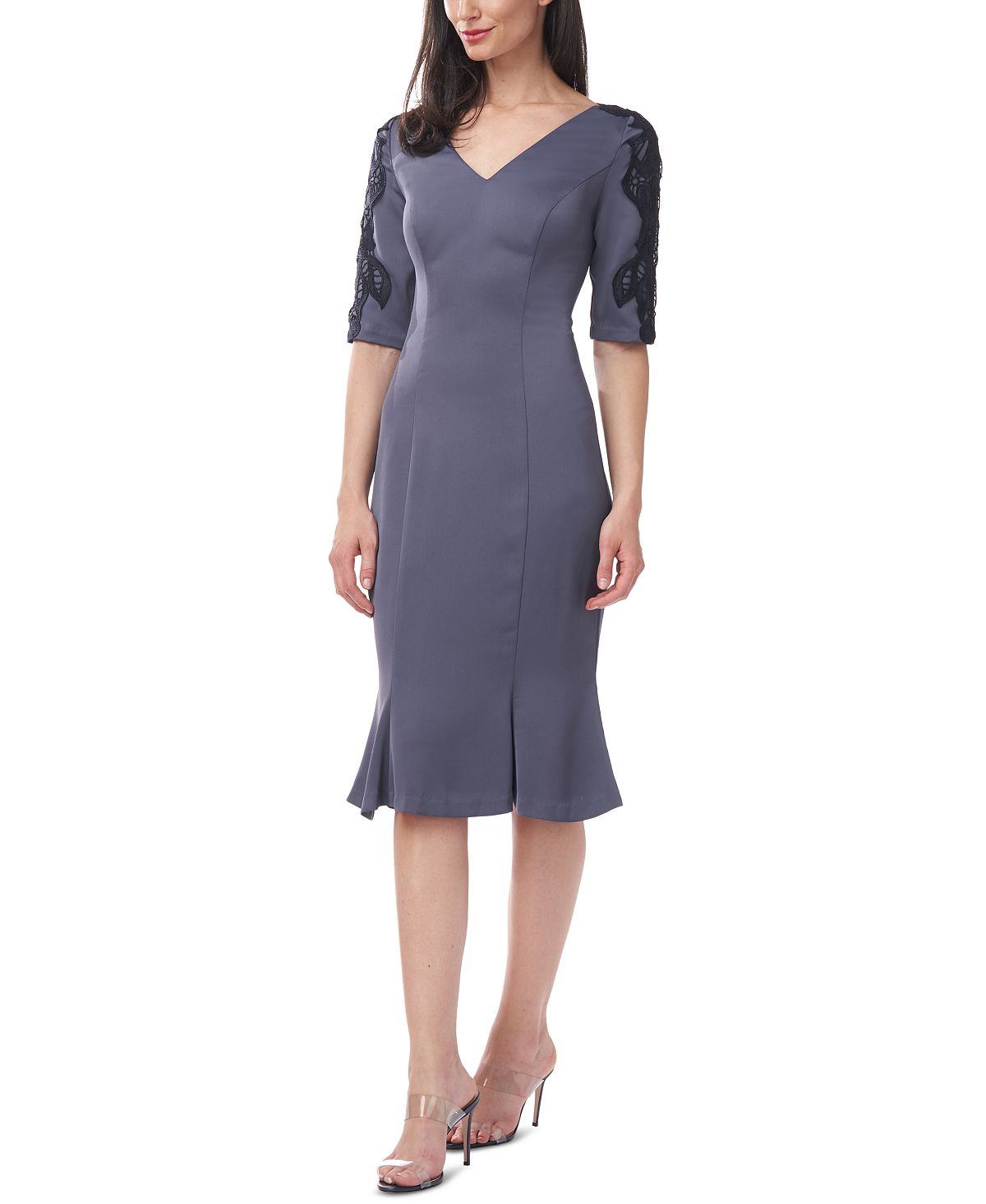 जेएस कलेक्शंस महिलाओं की वी नेक फिट एंड फ्लेयर सिलूएट ड्रेस ग्रे साइज़ 12