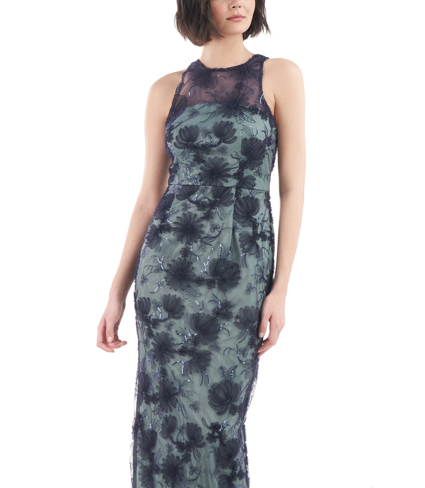 JS Collections Women's Sequin Floral Column Gown Blue Size 14