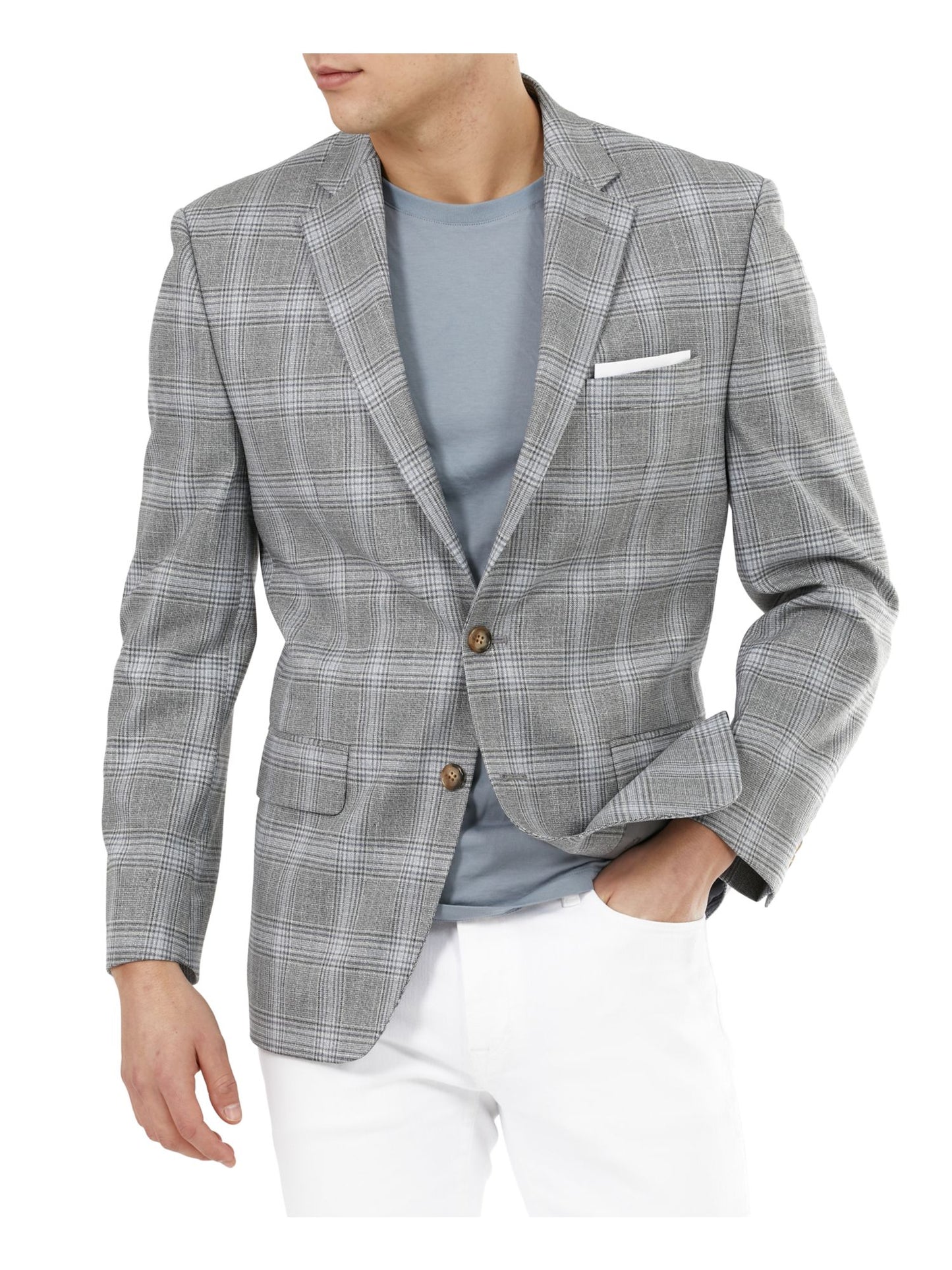 Ralph Lauren Men's Single Breasted Windowpane Plaid Classic Fit Wool Blend Sport Coat Gray Size 48