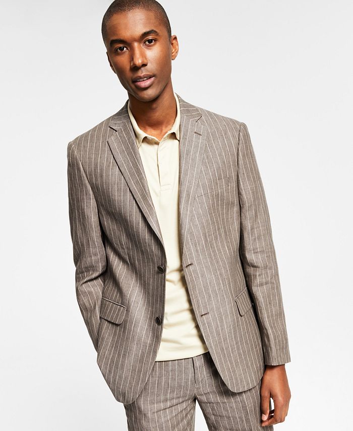 Alfani Men's Slim Fit Stripe Linen Suit Jacket Brown Size 38