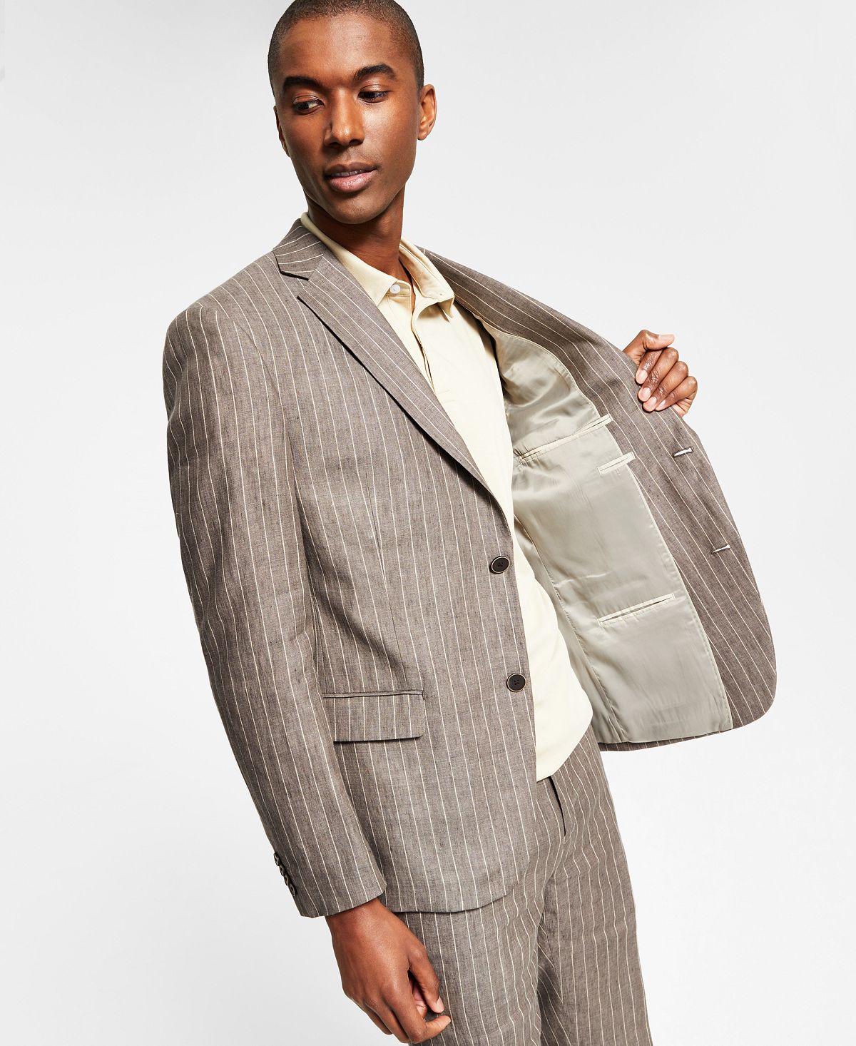Alfani Men's Slim Fit Stripe Linen Suit Jacket Brown Size 42