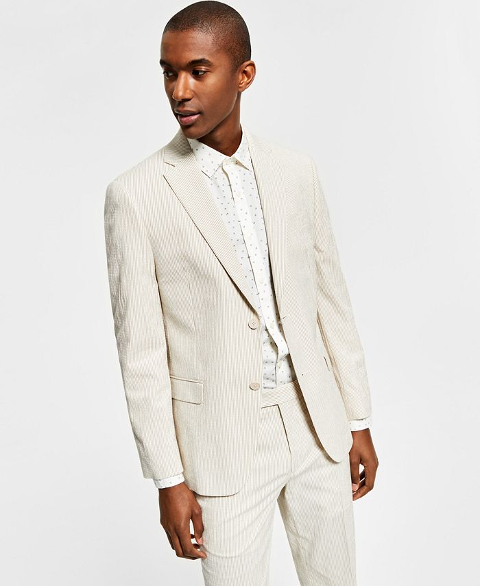 Alfani Men's Slim Fit Seersucker Stripe Suit Jacket Beige Size 36