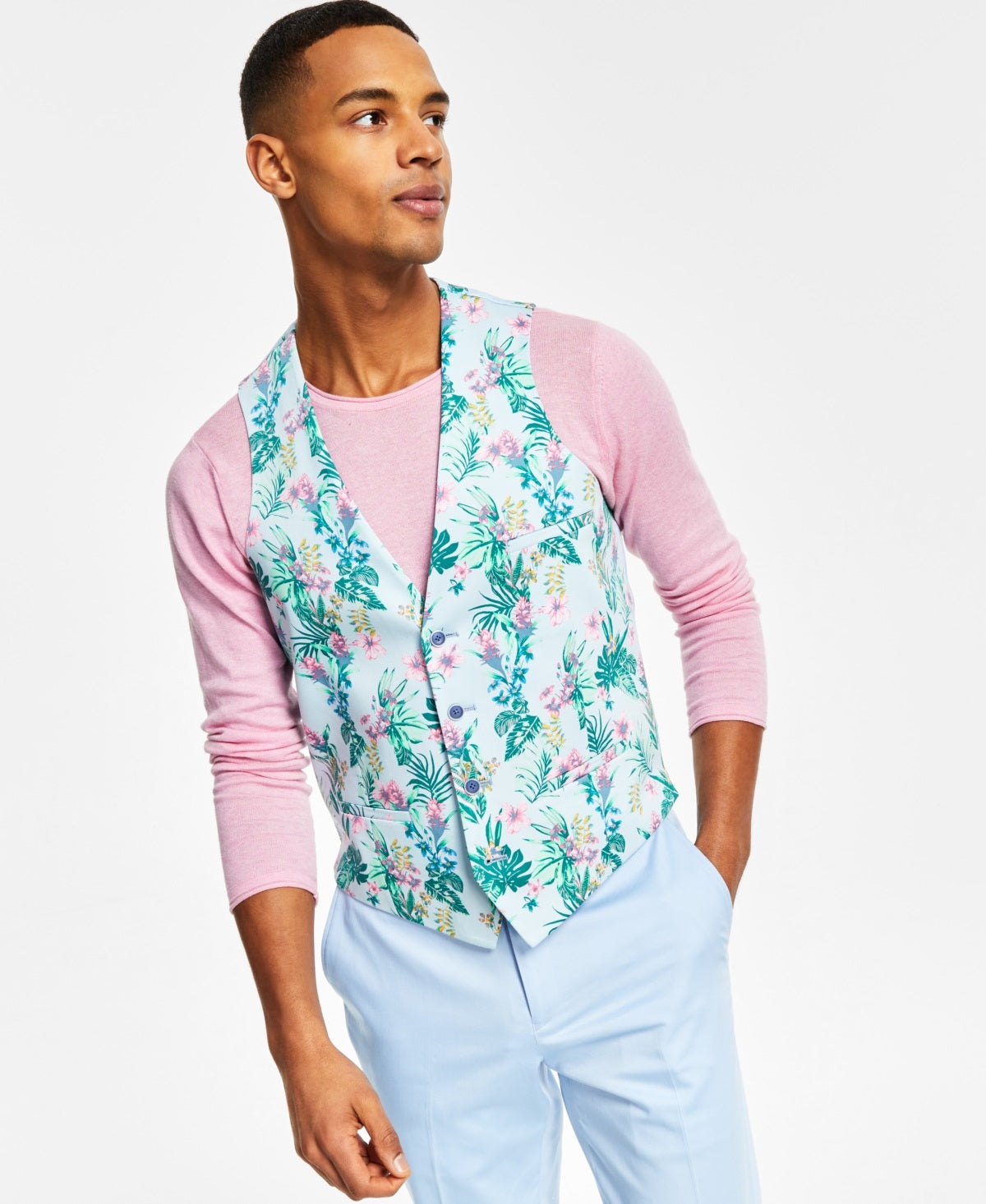 Bar III Men's Slim Fit Floral Print Suit Vest Blue Size Small