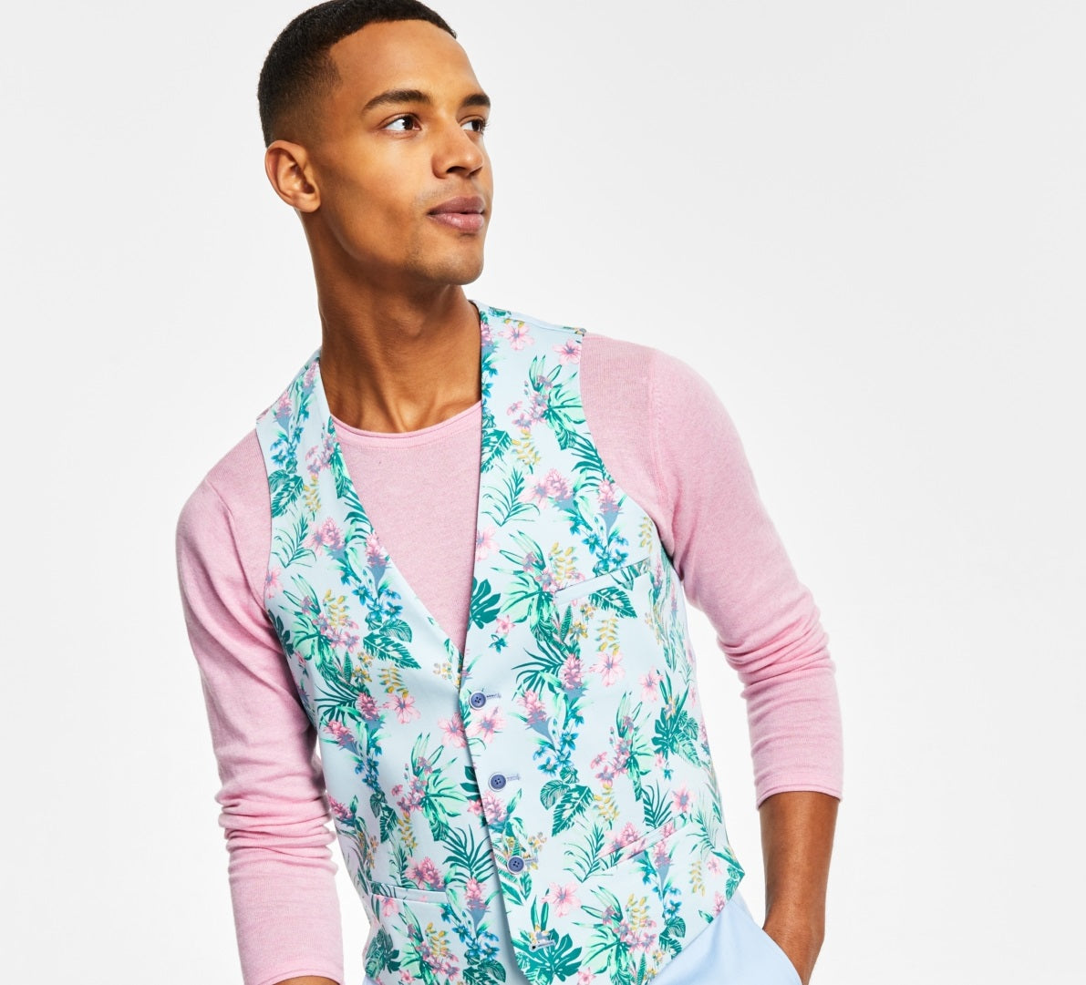 Bar III Men's Slim Fit Floral Print Suit Vest Blue Size Small