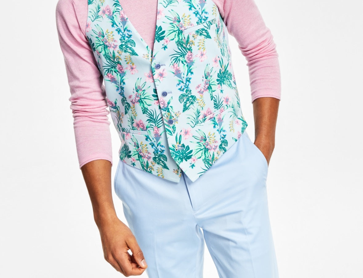 Bar III Men's Slim Fit Floral Print Suit Vest Blue Size Small