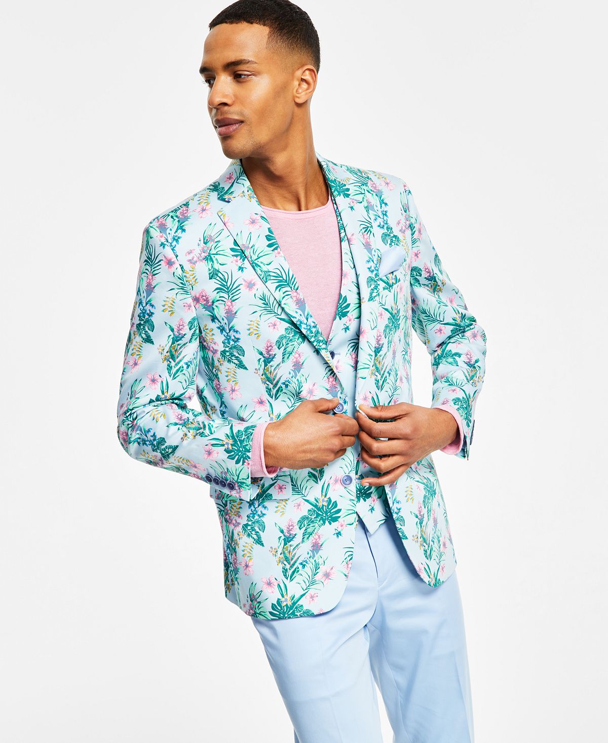 Bar III Men's Slim Fit Floral Print Suit Jacket Blue Size 40
