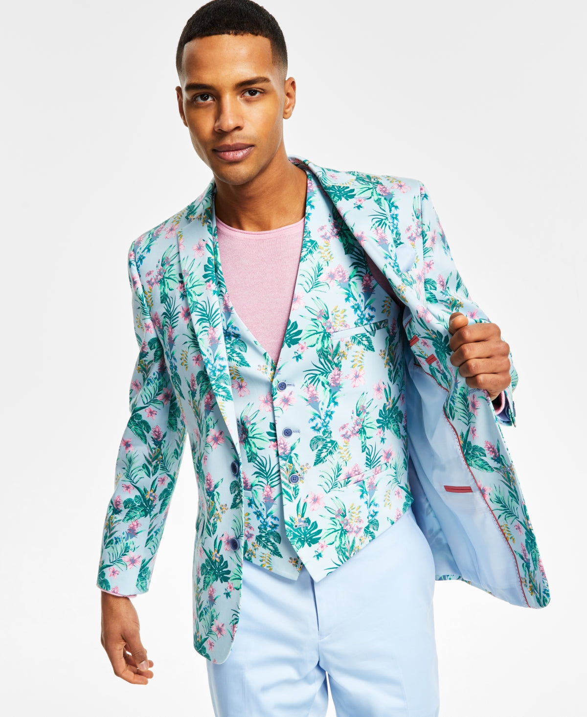 Bar III Men's Slim Fit Floral Print Suit Jacket Blue Size 46