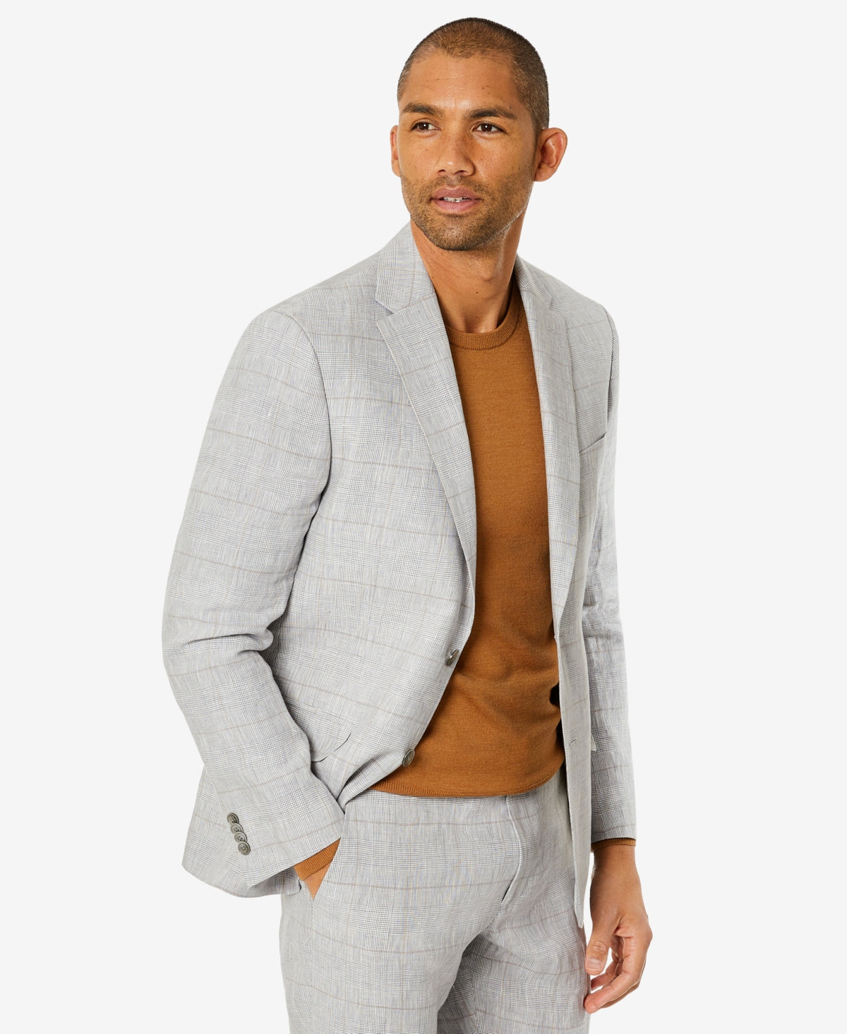 Tommy Hilfiger Men's Modern Fit Flex Stretch Plaid Linen Suit Jacket Gray Size 44