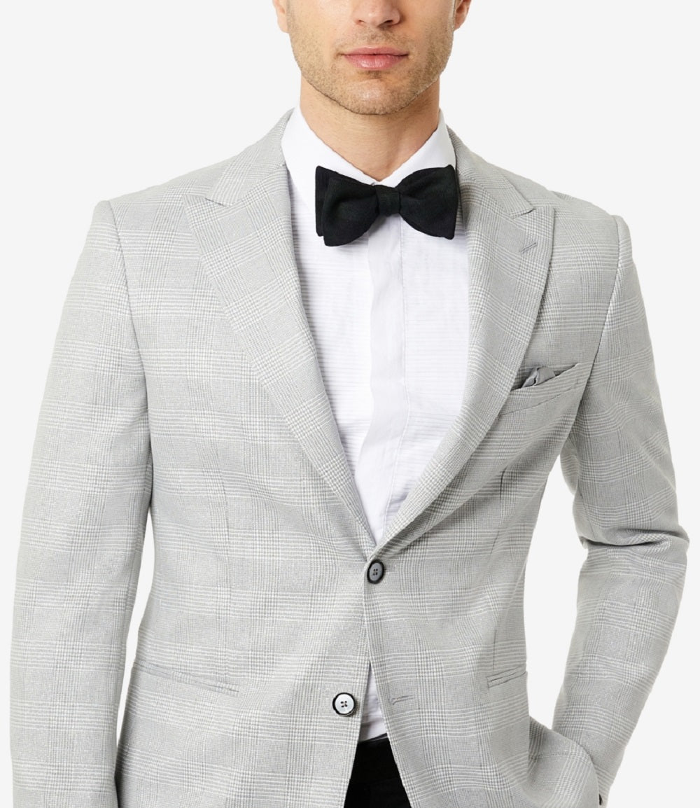 Tallia Men's Slim Fit Cream Metallic Plaid Evening Jacket Gray Size 38