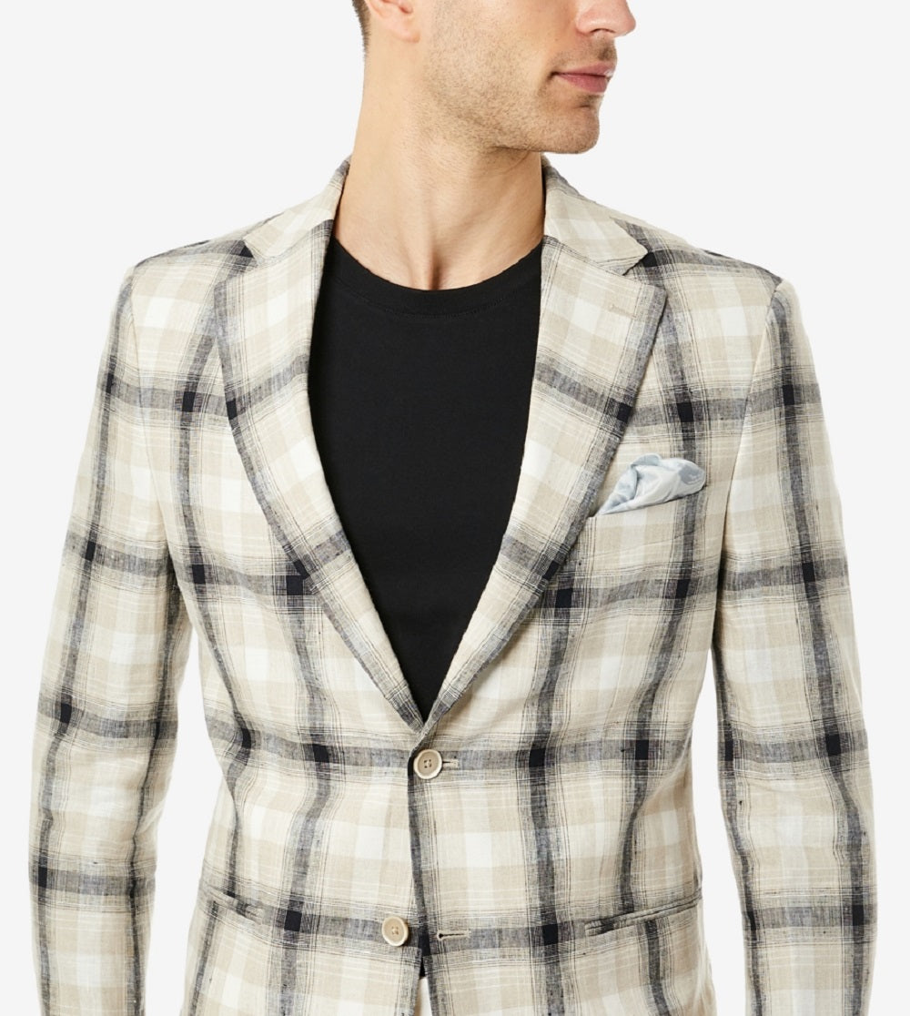 Tallia Men's Slim Fit Cream & Black Plaid Linen Blazer Black Size 44