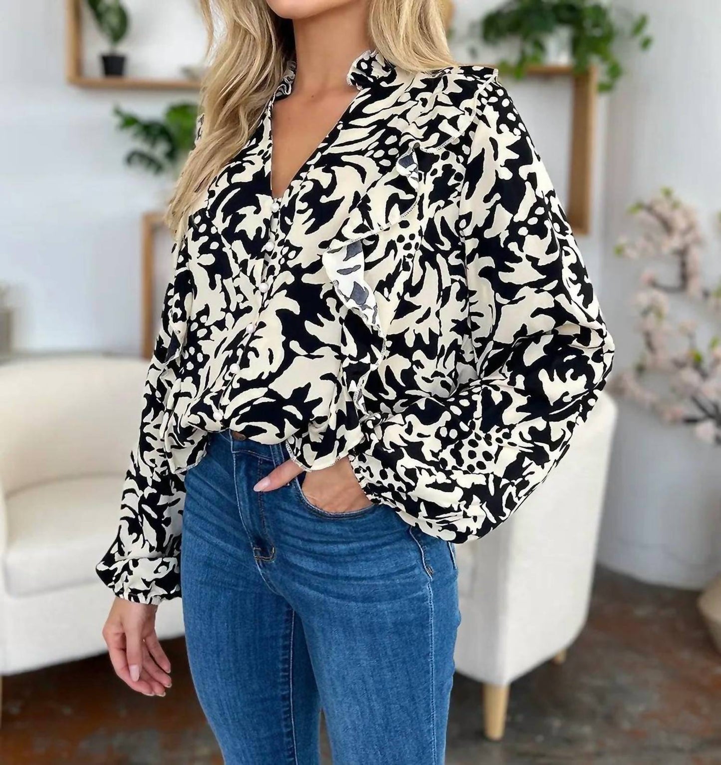 Double Take - Full Size Printed Ruffle Trim Balloon Sleeve Shirt