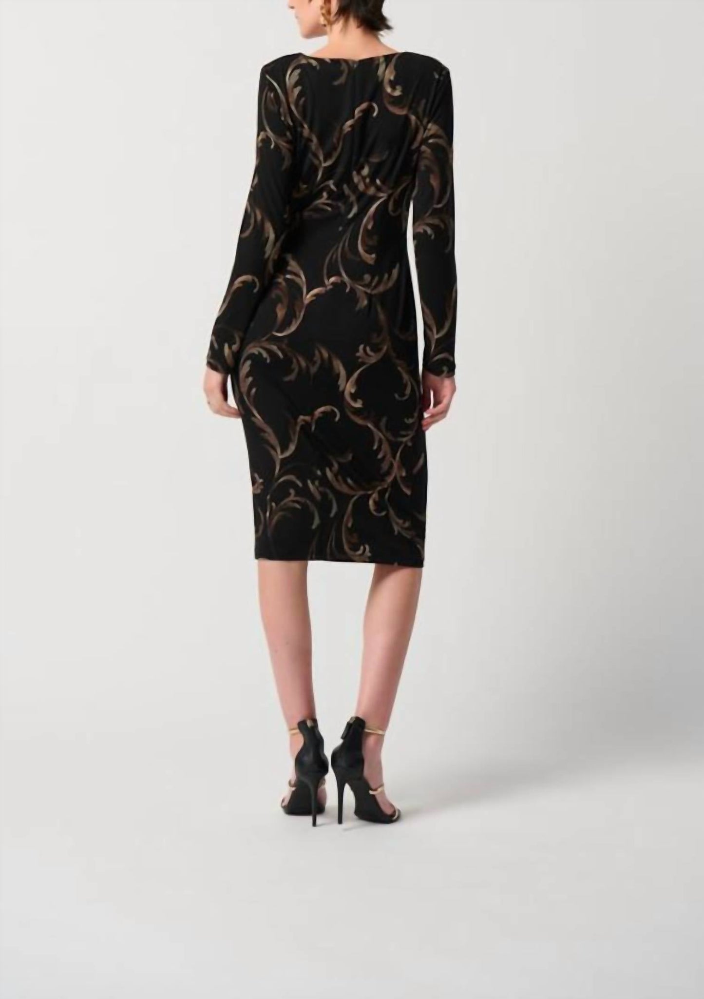 Joseph Ribkoff - Baroque Foiled Silky Knit Sheath Dress With Ornament