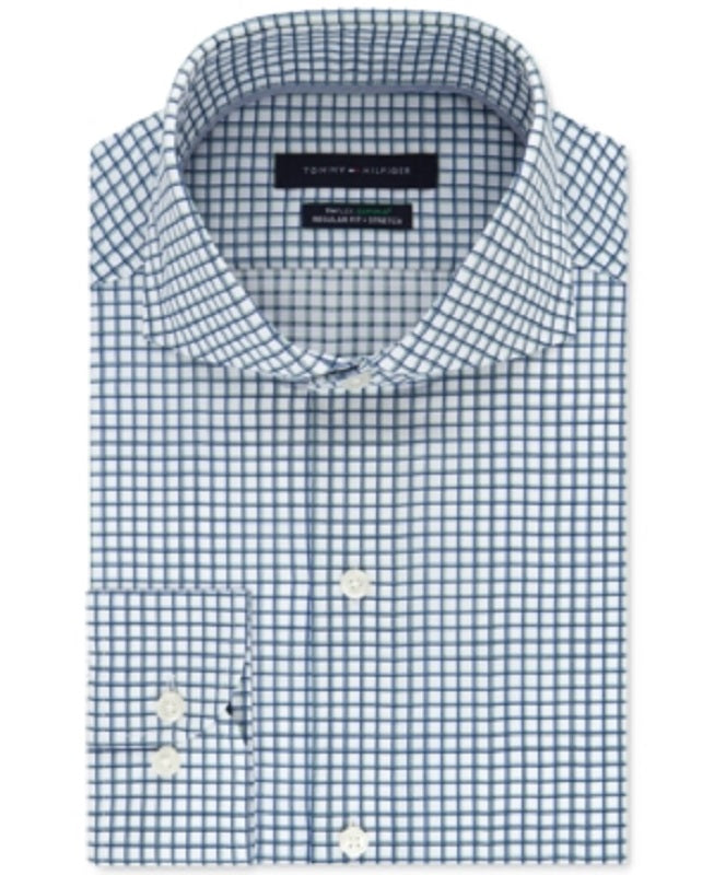 Tommy Hilfiger Men's Classic Fit Non Iron Thflex Supima Stretch Check Dress Shirt Green Size 18 X36-37