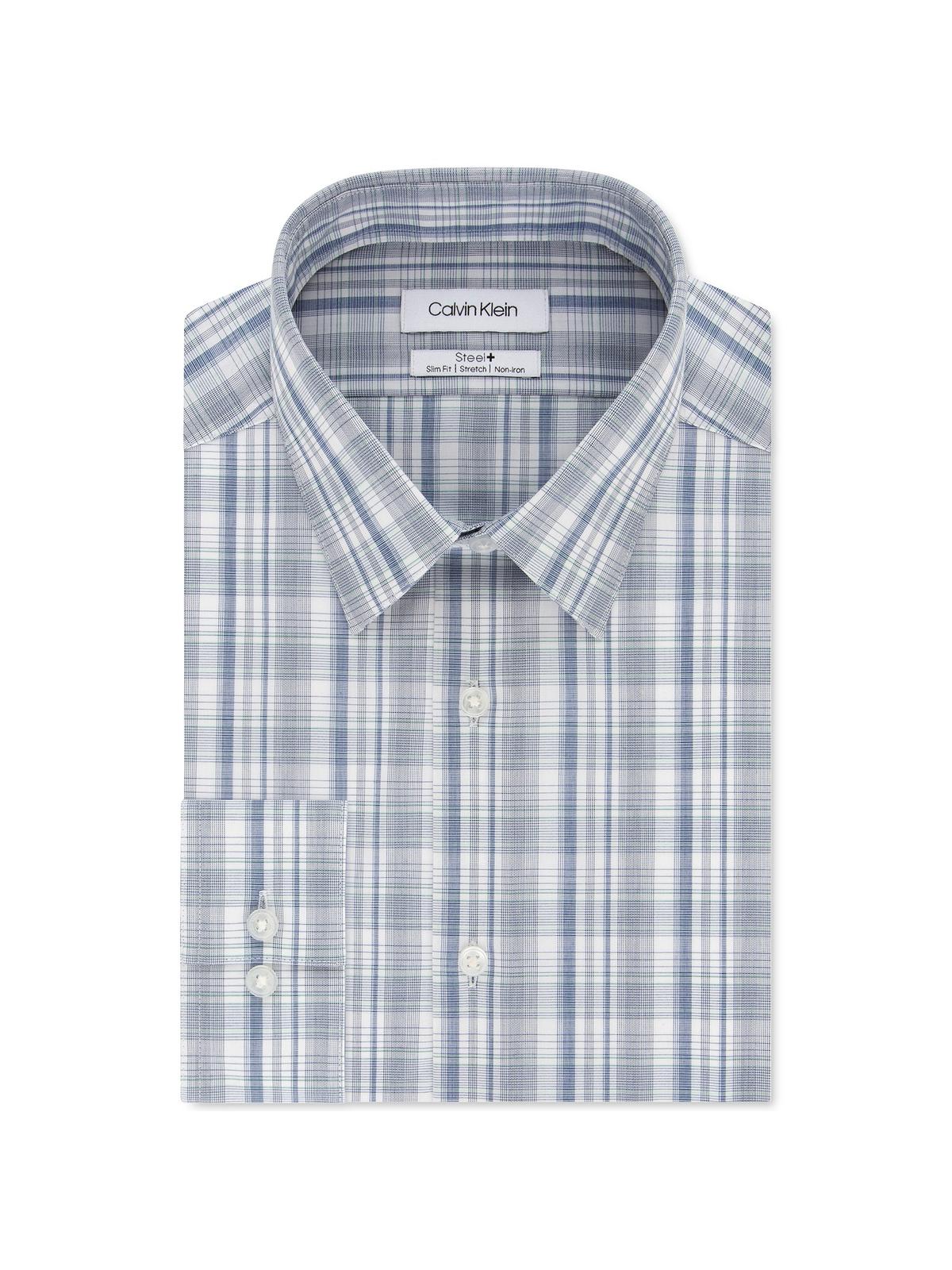 Calvin Klein Men's Steel+ Slim-Fit Non-Iron Performance Multi-Check Dress Shirt Green Size 15X34-35