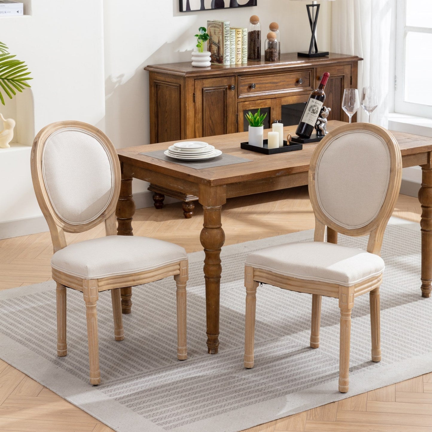 French Style Solid Wood Frame Linen Back Dining Chair Set of 2
